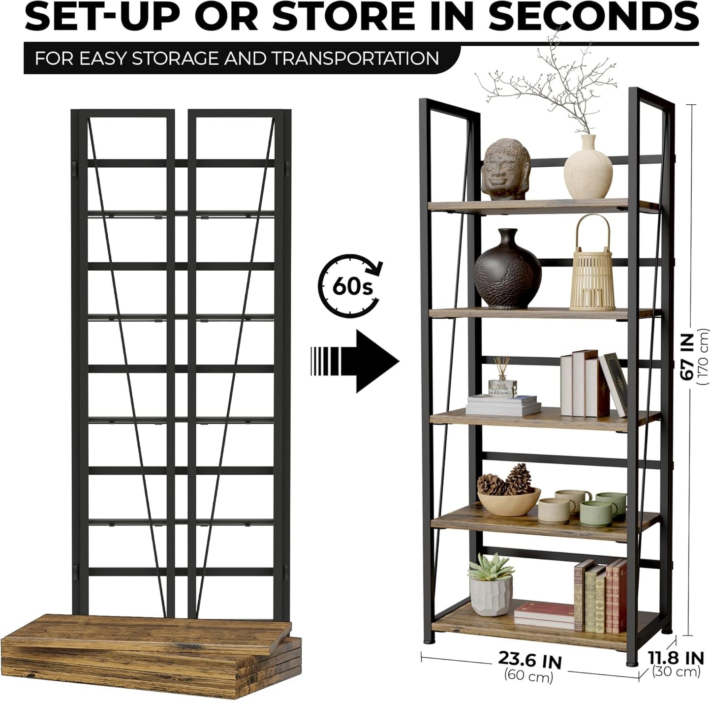 5 Tier Wood Book Shelf Organizer, No Assembly Bookshelf for Bedroom Living Room Office, Rustic Foldable Book Case, Tall Bookshelves, Open Book Shelves, Decorative Folding Shelf Display, Tall Bookcase