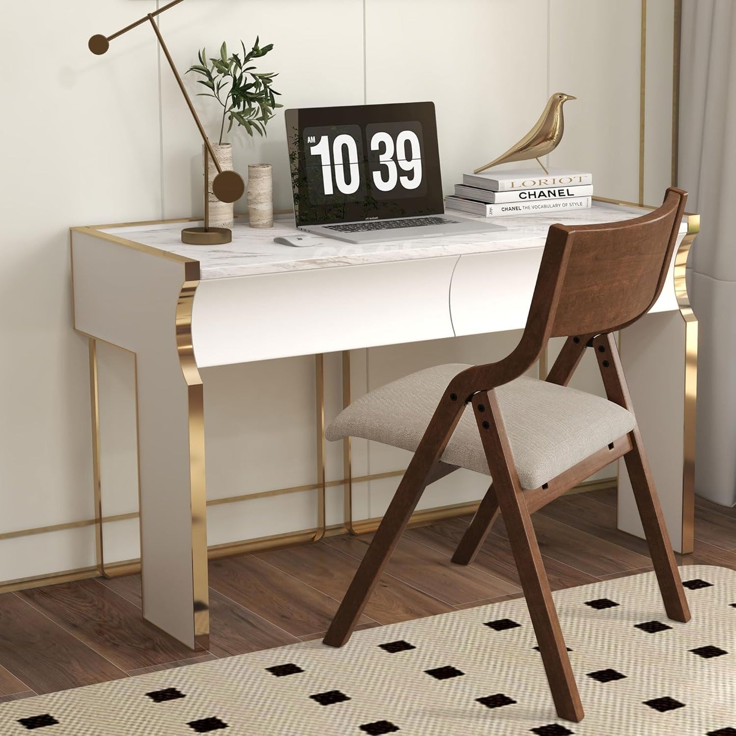 Ball & Cast Folding Chairs Set of 2 with Back & Padded Cushion,Portable Foldable Dining Upholstered Stool W/Solid Wood Frame,Ergonomic Design,for Kitchen,Office,Outdoor Events,Walnut