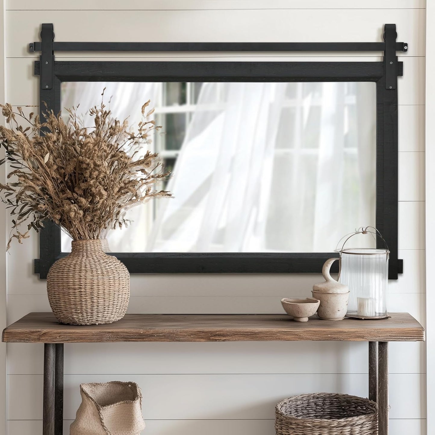 Bathroom Barn Door Mirror: 42"x28" Black Farmhouse Wood Frame - Rustic Wall Mirror for Entryway/Living Room Wall Decor