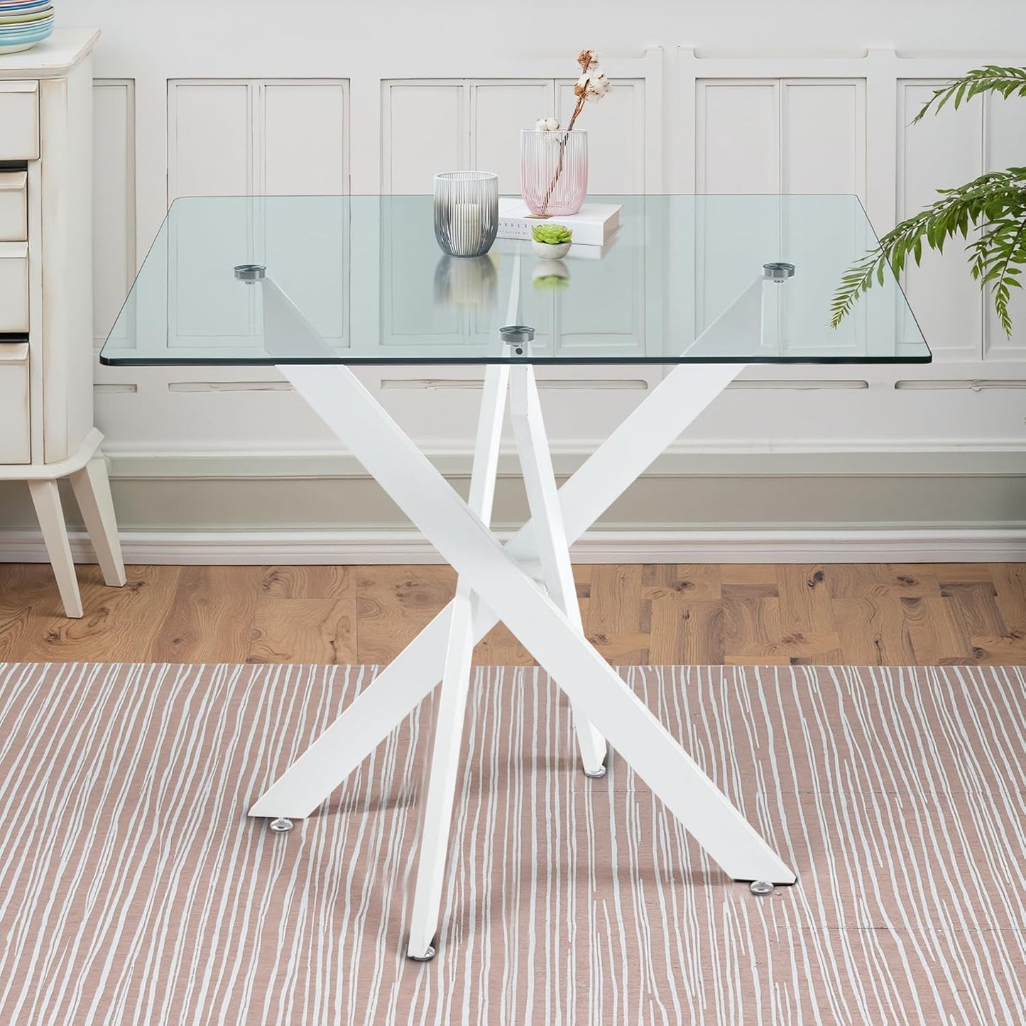 Dining Table for 4 Modern 35.43" Rectangular Glass Dining Table Kitchen & Dining Room Tables with Metal Base for Dining Room and Apartment, Matte White