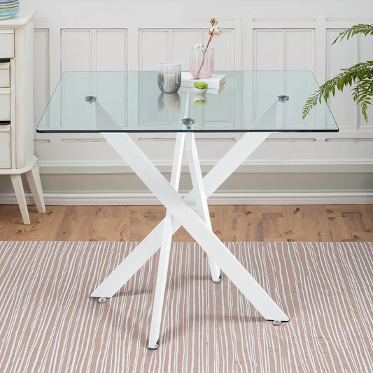 Dining Table for 4 Modern 35.43" Rectangular Glass Dining Table Kitchen & Dining Room Tables with Metal Base for Dining Room and Apartment, Matte White
