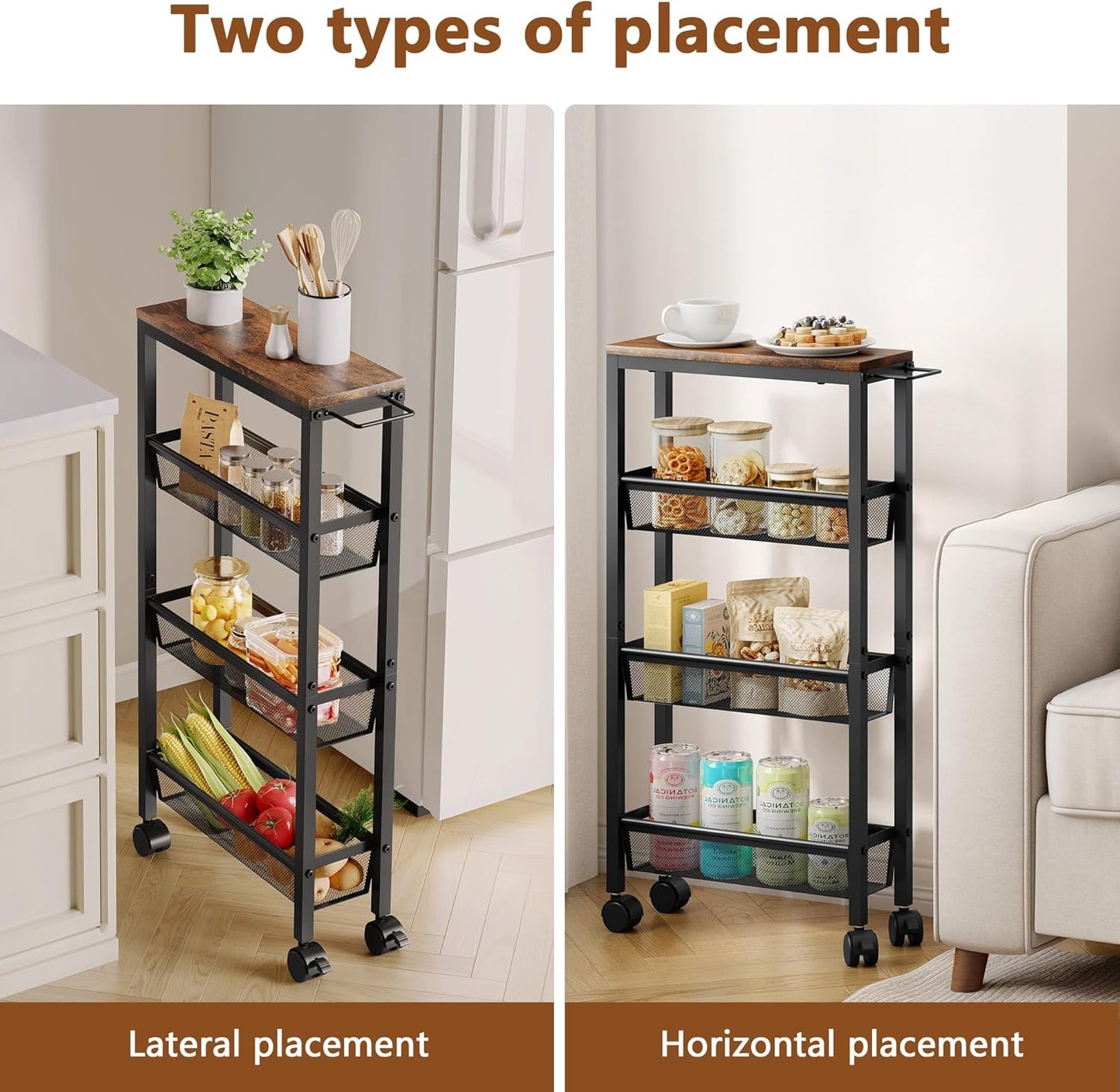 Hoctieon Slim Rolling Storage Cart, 4-Tier Narrow Kitchen Storage Cart with Handle & Wheels, Mobile Shelving Unit, Wooden Top & Metal Frame, Utility Cart for Kitchen, Small Spaces, Rustic Brown