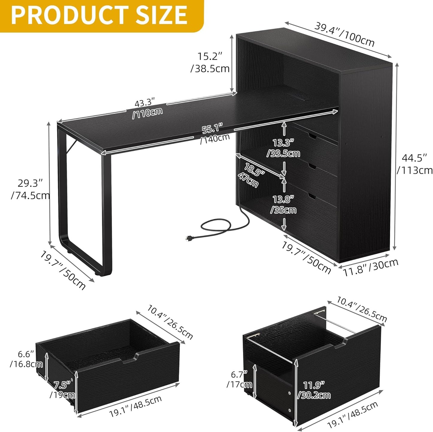 DWVO L Shaped Desk with Drawers, 55" Corner Computer Desk with Bookshelf & Power Outlets & LED Lights, Home Office Desk with Storage Shelves, Black
