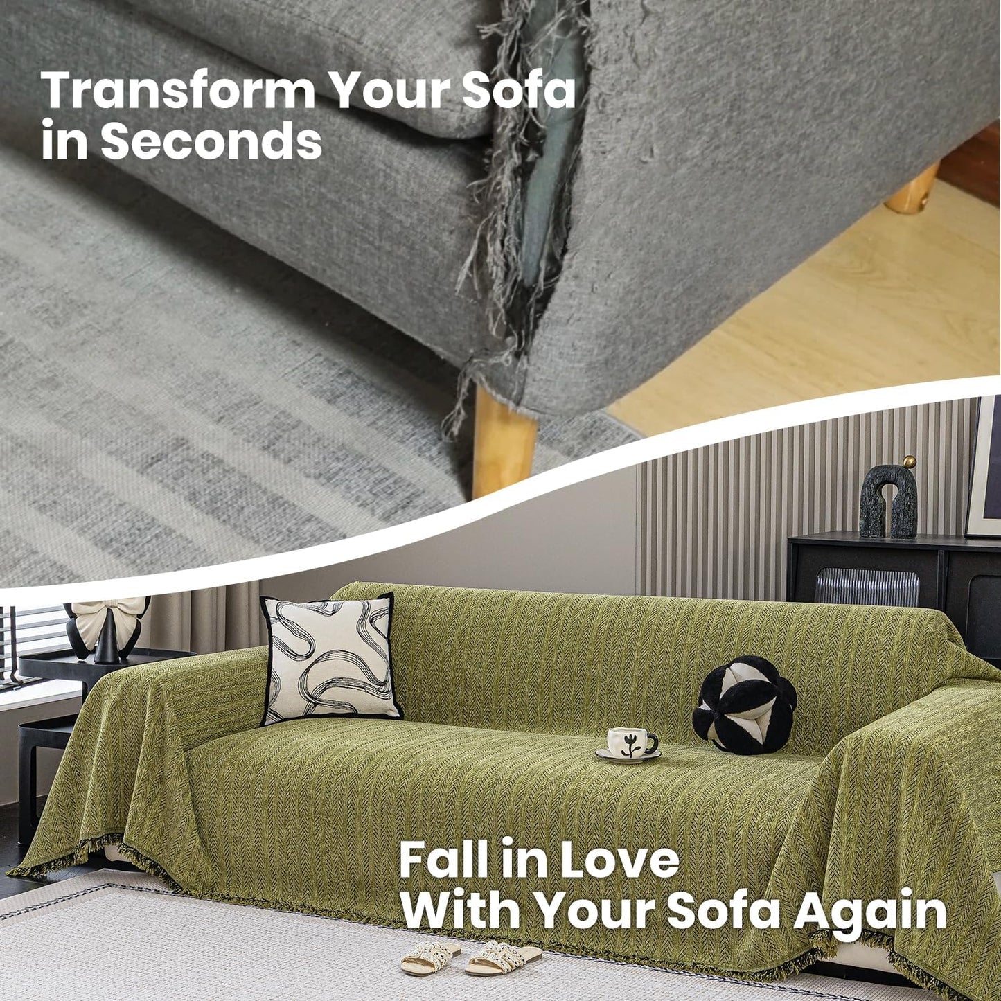 Nobildonna Sofa Chair Cover Waterproof Soft Thicken Chenille Cushion Couch Cover with Tassels,Washable Sofa Slipcovers for Armchair Recliner Sectional Furniture Protector, Green 71"x71"