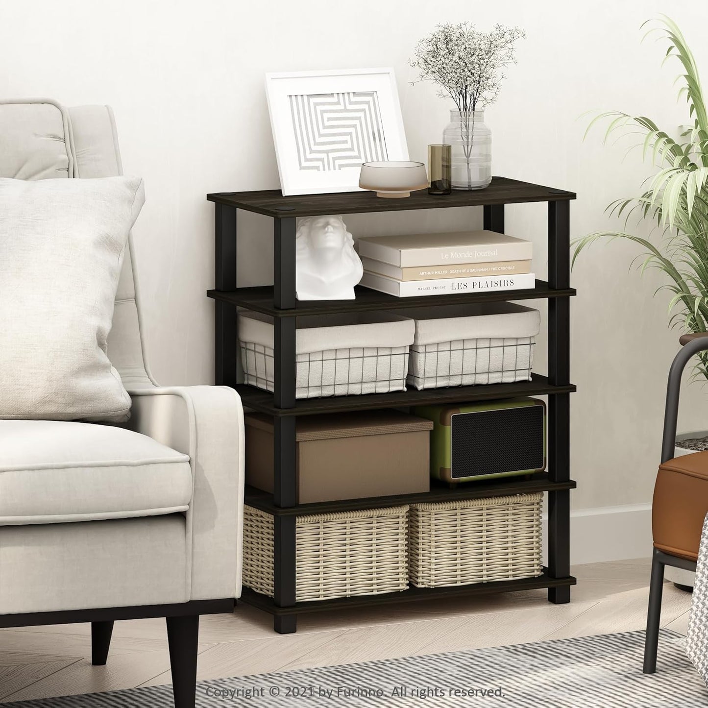 Furinno Turn-S-Tube 3-Tier Multipurpose Stackable Standing Shelves, Espresso/Black, Set of 2