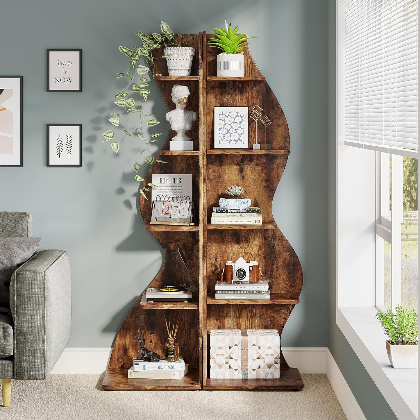 Tribesigns Corner Shelf, Rustic 5-Tier Wall Corner Bookshelf, Stylish Corner Small Bookcase Storage Rack Plant Stand with Unique Shape for Living Room, Home Office (2PCS, Brown)