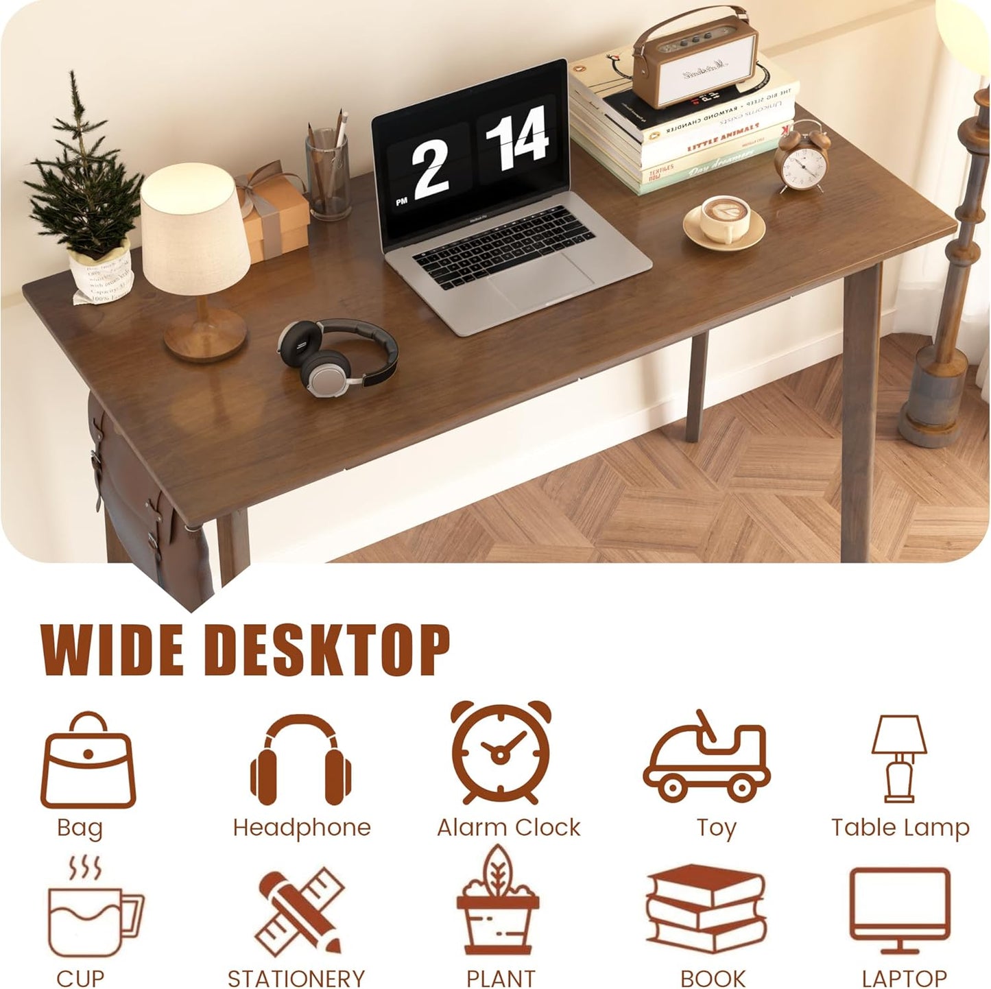 Solid Wood Desk with Drawers - 48 Inch Mid Century Modern Desk, Vintage Desks with 2 Hooks, Simple Writing Study Table, Mid Century Desks for Bedroom, Living Room & Office, Walnut Color