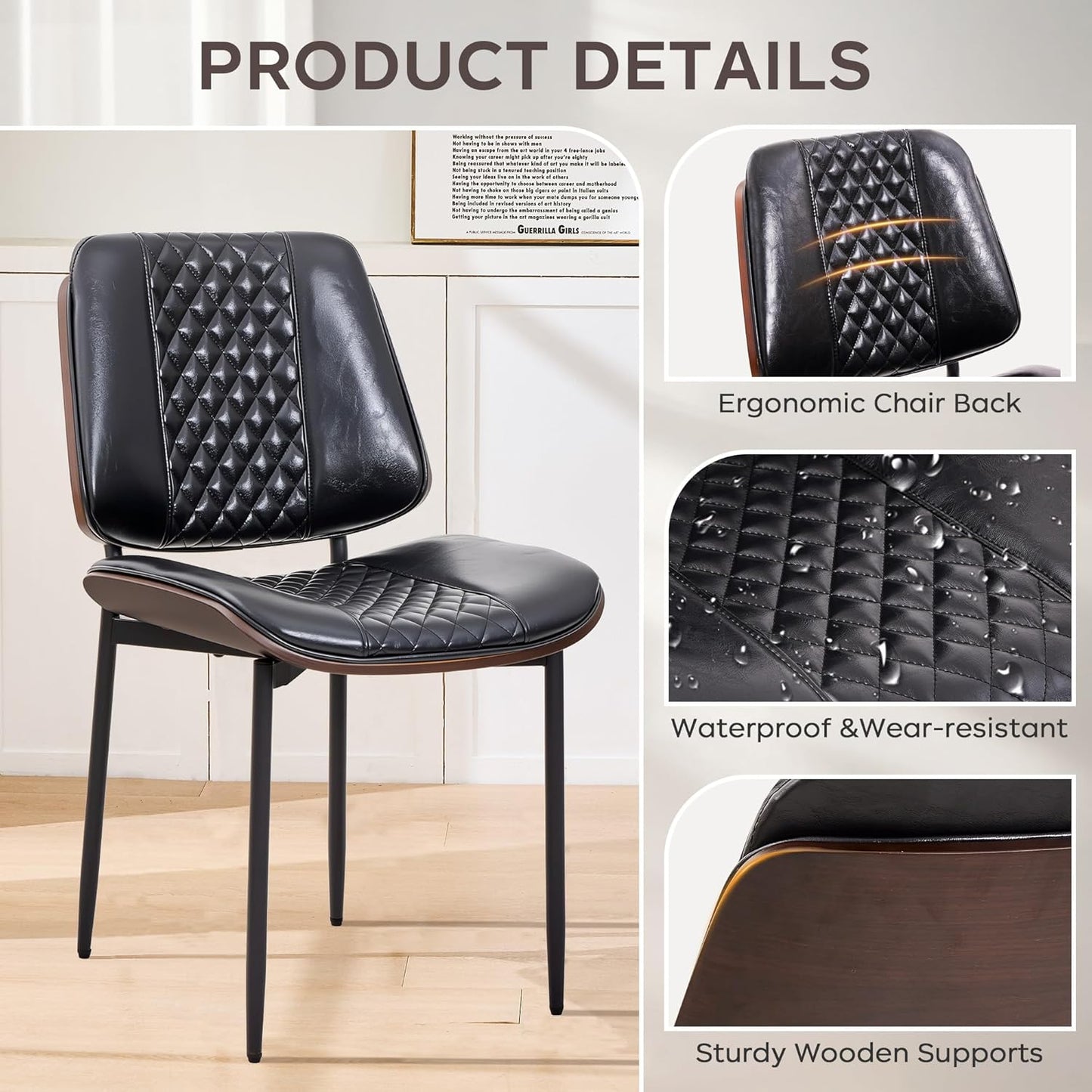 Dining Chairs Set of 2, Upholstered PU Leather Armless Chair, Mid Century Modern Dining Room Chairs, Retro Walnut Bentwood Kitchen Chair with Metal Legs and Adjustable Feet, Black