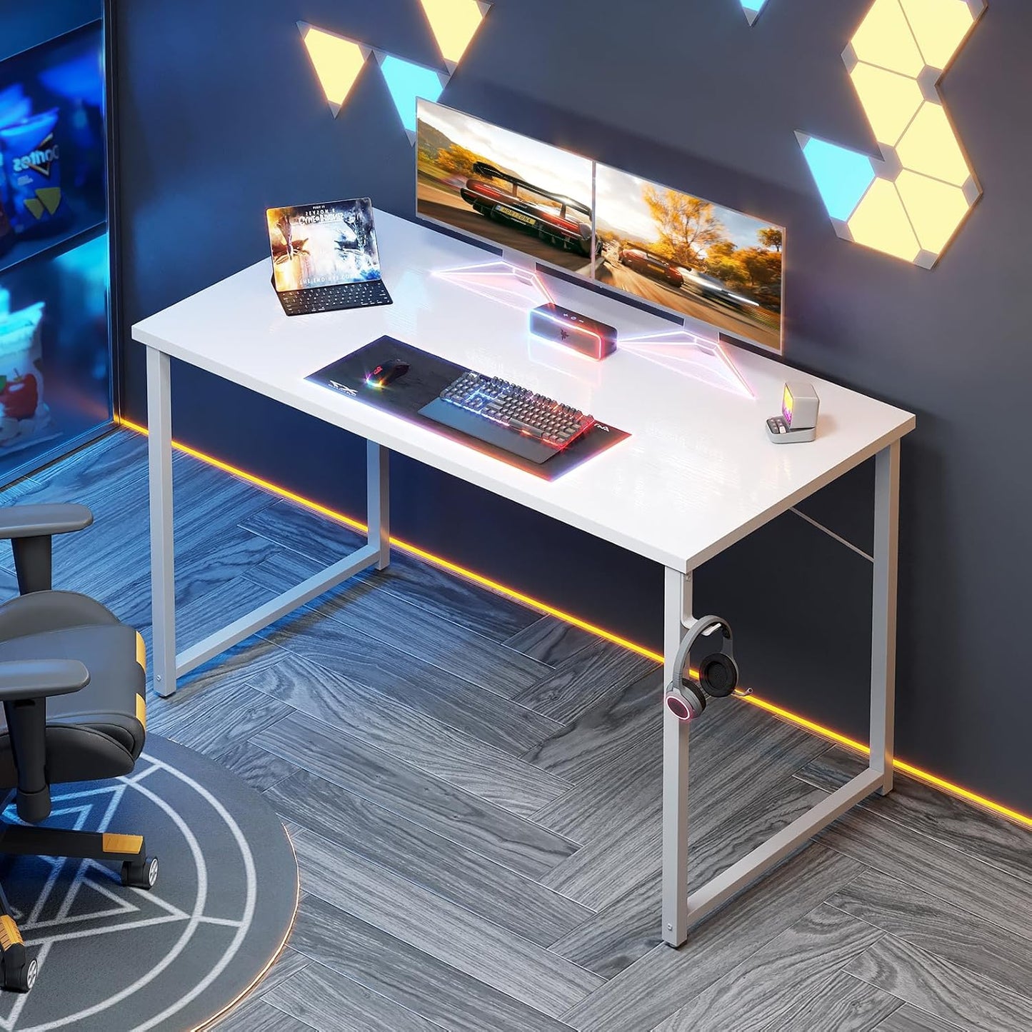 ODK 48 Inches Computer Desk for Small Spaces, Study Table for Home Office, Writing Desk with Headphone Hooks, White