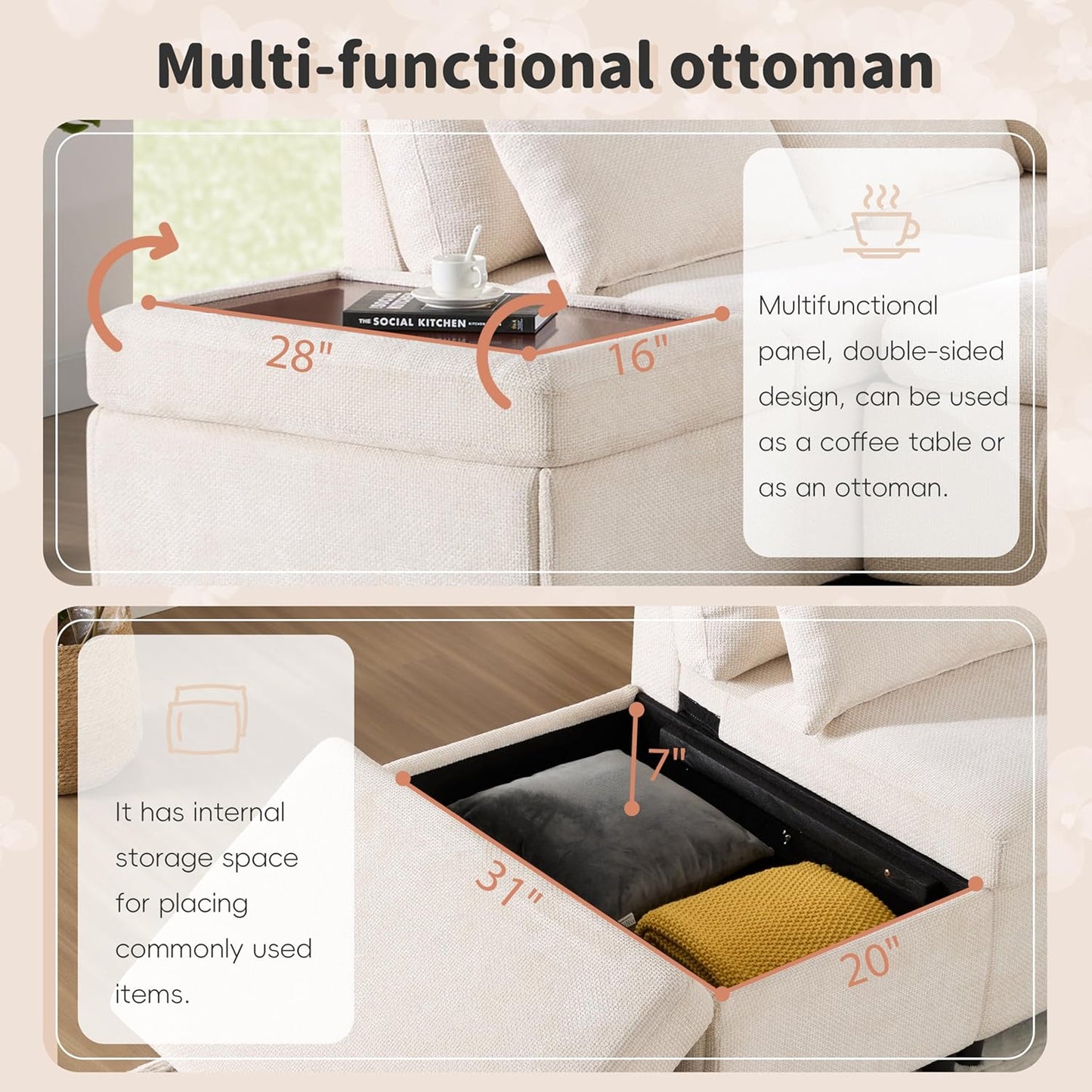 Ball & Cast Modular Convertible L-Shaped Sectional Sleeper Sofa Bed Pull Out Couch with Moveable Storage Ottoman,Oversized Chenille Pull-Out Sofa Bed W/Reclining Armrest&USB Port,for Living Room,Beige