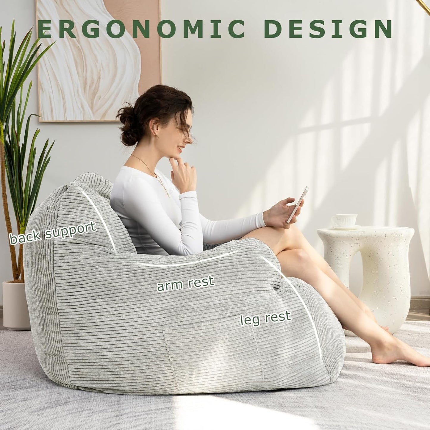 HIGOGOGO Giant Bean Bag Chair Sofa, Big Comfy Chair for Bedroom Living Room, Large Bean Bag Lazy Chair for Adults with Pocket Armrests for Gaming, Reading, Grey