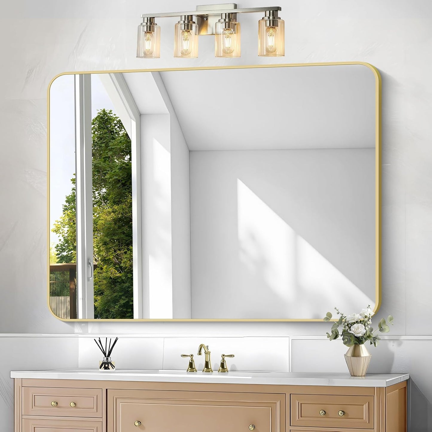 BONEWEI Gold Bathroom Mirror,36x48 inch Wall Mirror for Bathroom Wall Mounted,Round Rectangle Mirror for Bathroom Over Sink,Modern Frame for Home Decor Living Room,Bedroom Entryway,Horizontal/Vertical