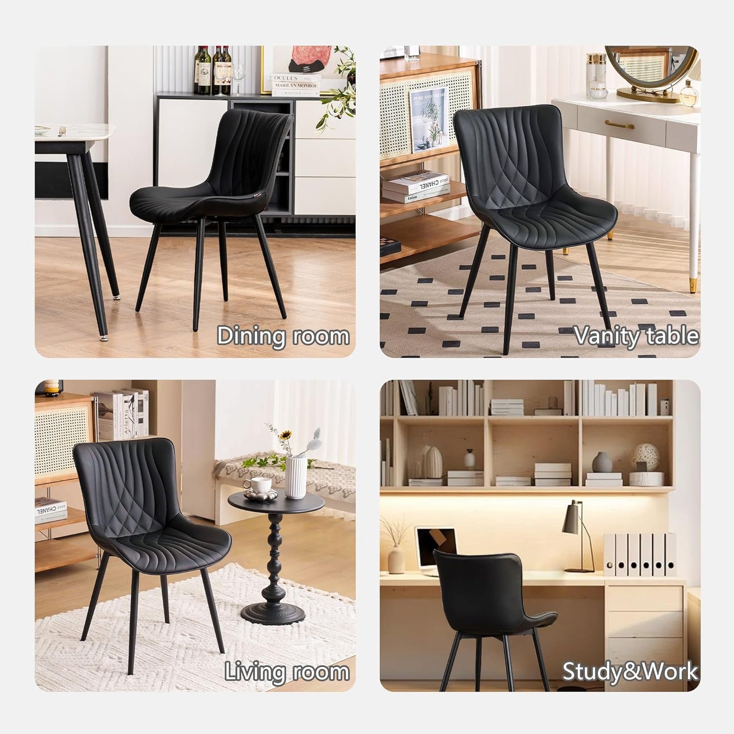 Kidol & Shellder Black Dining Chairs Set of 2,Faux Leather Upholstered Mid Century Modern Kitchen&Dining Room Chair with Back,Ergonomic Armless Vanity&Living Room Chair with Metal Legs