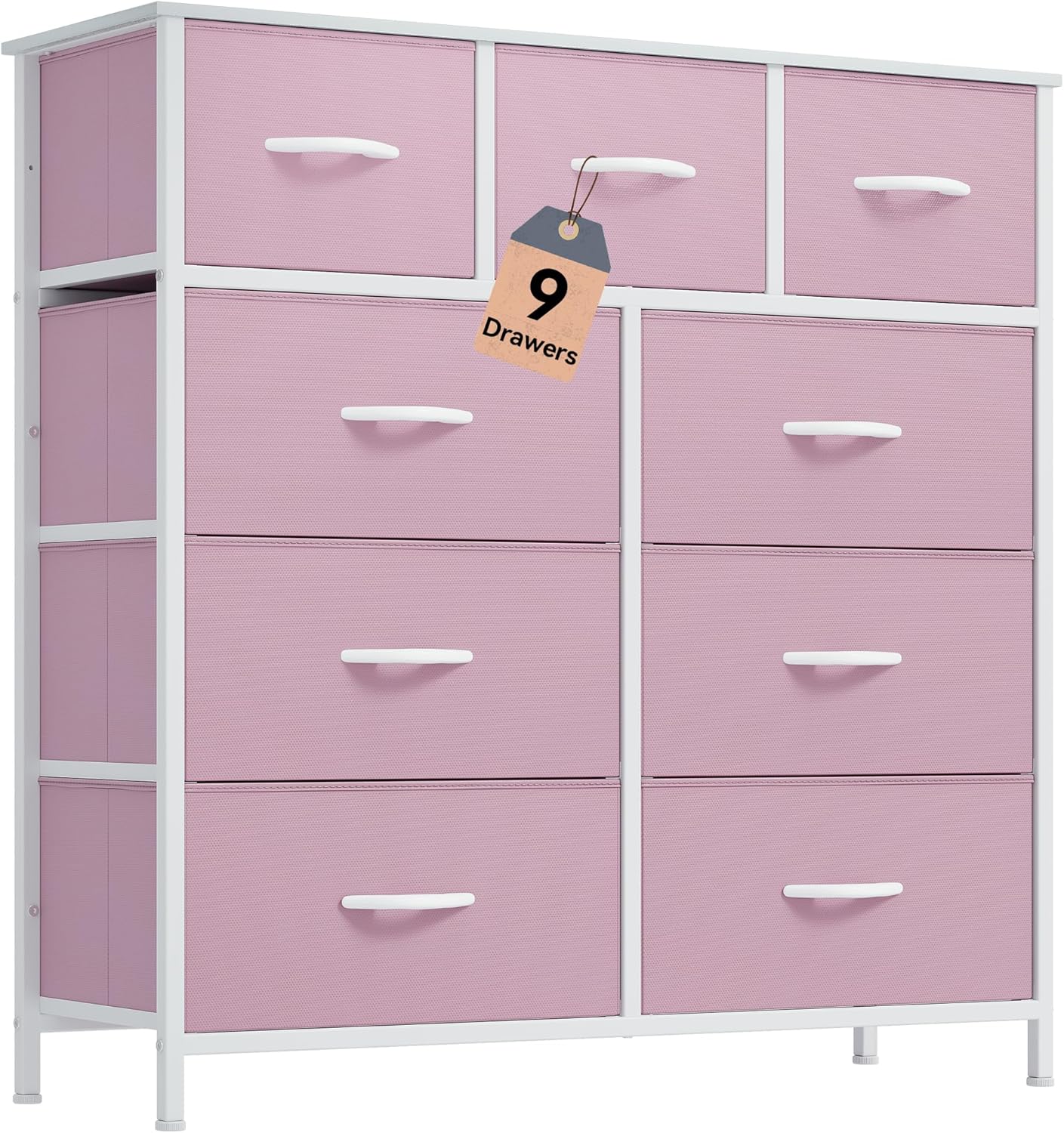 DWVO Dresser with 9 Drawers - Fabric Storage Tower, Organizer Unit for Living Room, Hallway - Sturdy Steel Frame, Wooden Top & Easy Pull Fabric Bins