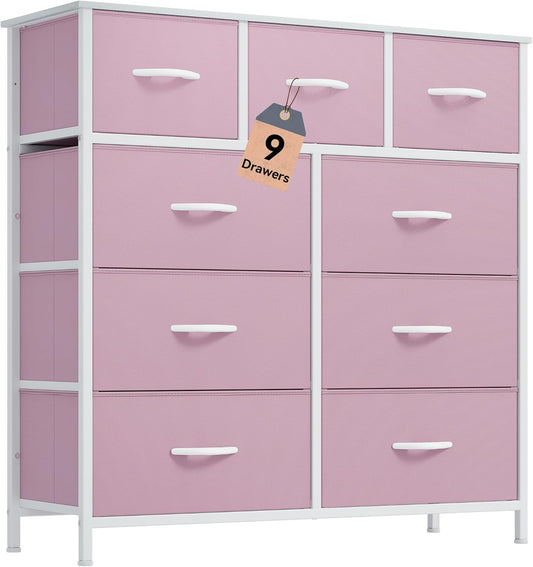 DWVO Dresser with 9 Drawers - Fabric Storage Tower, Organizer Unit for Living Room, Hallway - Sturdy Steel Frame, Wooden Top & Easy Pull Fabric Bins