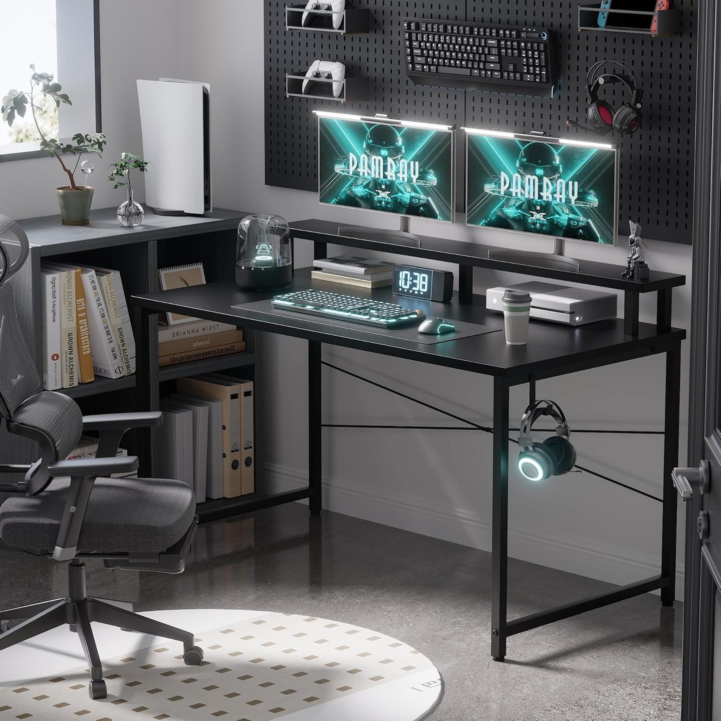 Pamray 47 Inch Small Computer Desk with Monitor Stand, Simple Office Desk with Headphone Hook for Small Spaces, Kids Study Writing Table for Bedroom, Black