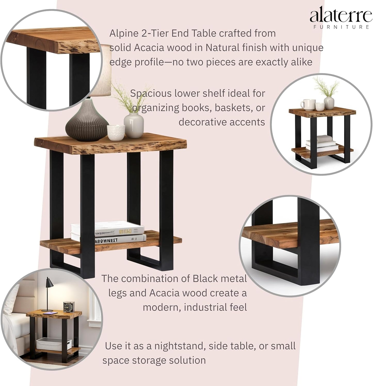 Alpine 2-Tier End Table with Live Edge Design – 27-Inch Solid Acacia Wood Industrial Side Table with Storage Shelf – Modern Nightstand or Accent Table for Living Room by Alaterre Furniture