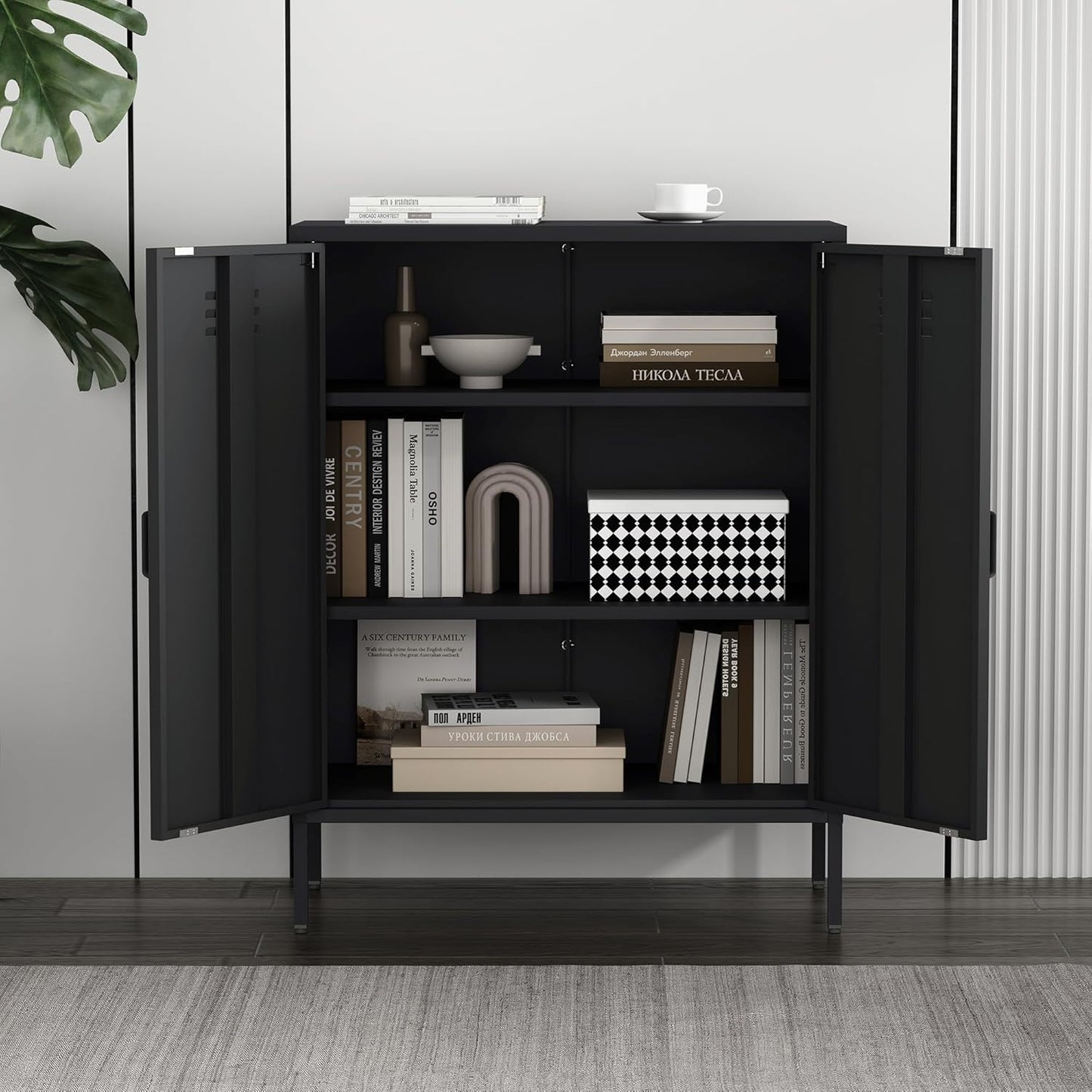 Manhattan Comfort Naomi Modern Metal Accent Cabinet, Minimalist Storage Cabinet with Doors & Adjustable Shelves, Vented Doors, Sturdy Steel Build, Versatile & Multi-Purpose Home Furniture, Black