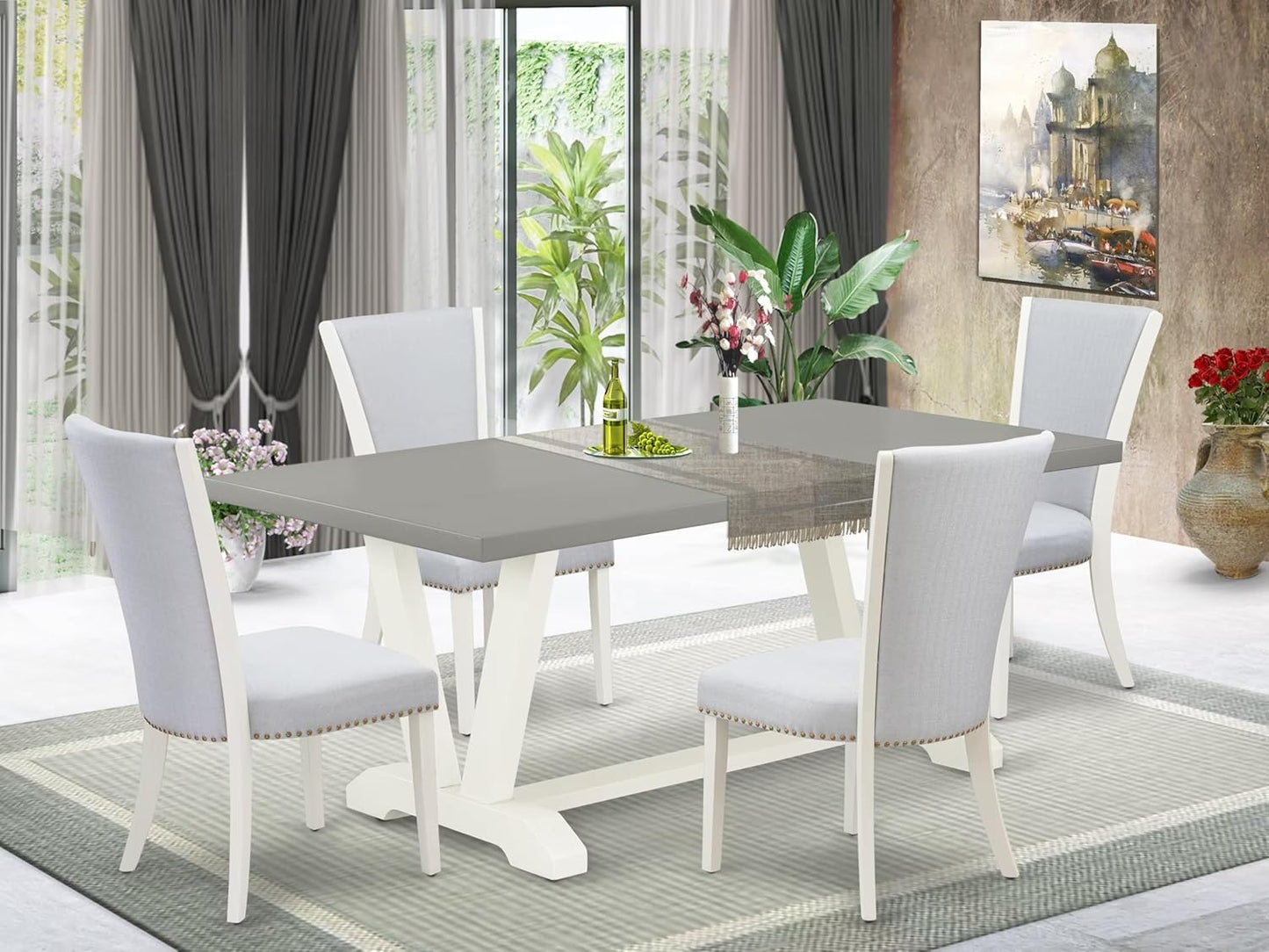 East West Furniture V097VE005-5 5 Piece Kitchen Table Set for 4 Includes a Rectangle Dining Room Table with V-Legs and 4 Grey Linen Fabric Parsons Dining Chairs, 40x72 Inch, Multi-Color