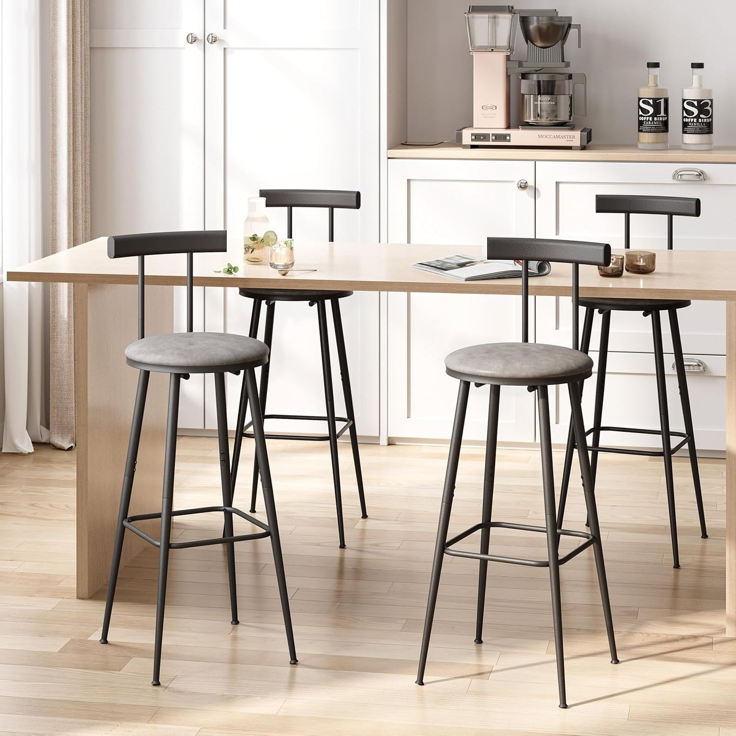 Bar Stools, Set of 2 High Kitchen Barstools, Bar Chairs with Backrest and Footrest, Industrial Counter Stools with PU Soft seat, for Kitchen, Living Room, Pub, Grey BS-013GR