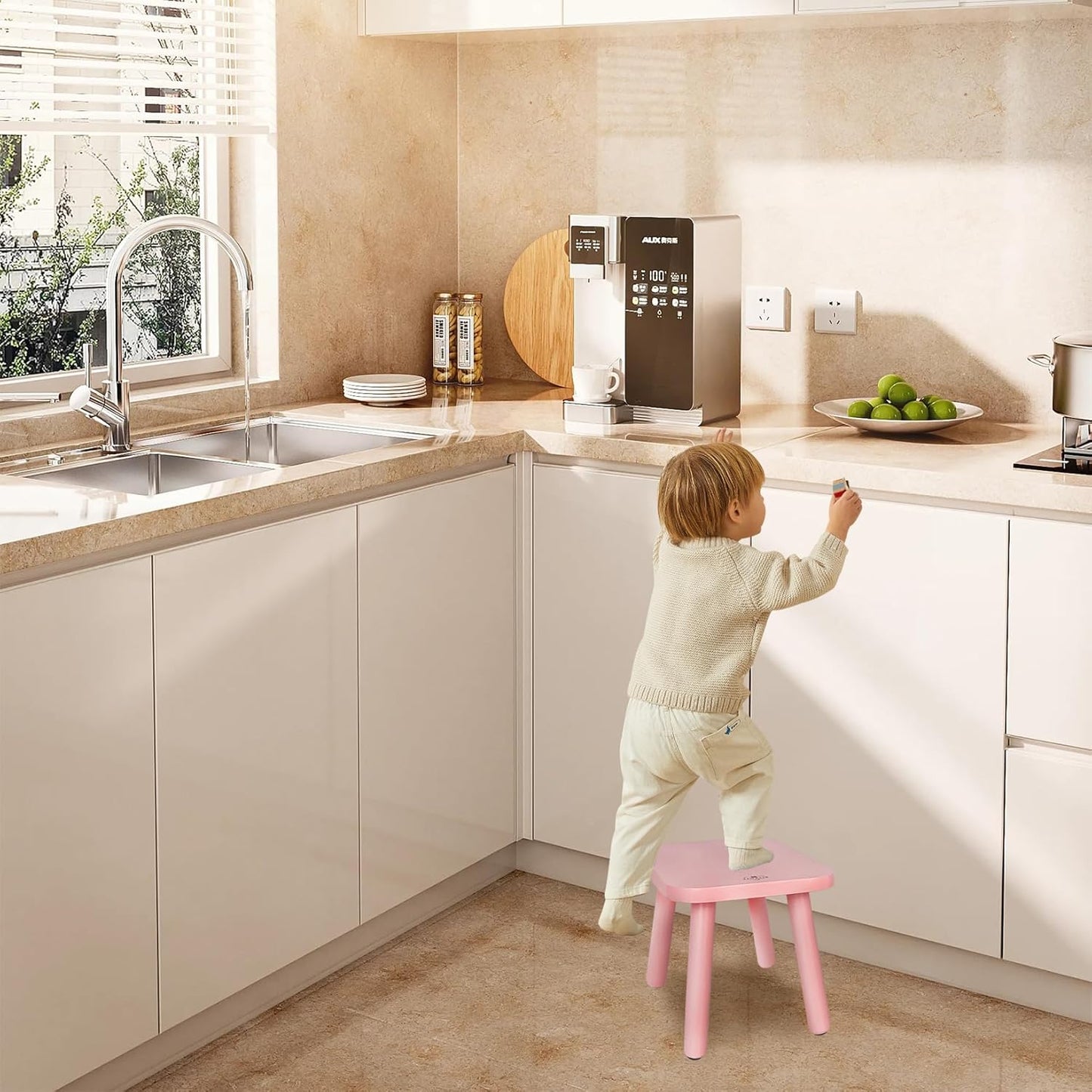 BEE&OAK Wooden Step Stools for Adults, Solid Rubber Wood Non-Slip Step Foot Stool, Heavy Duty 300 lbs One Step Stool for Bedroom, Bathroom, Kitchen (Pink, 9.25" (D) x 9.25"(W) x 8.86"(H))