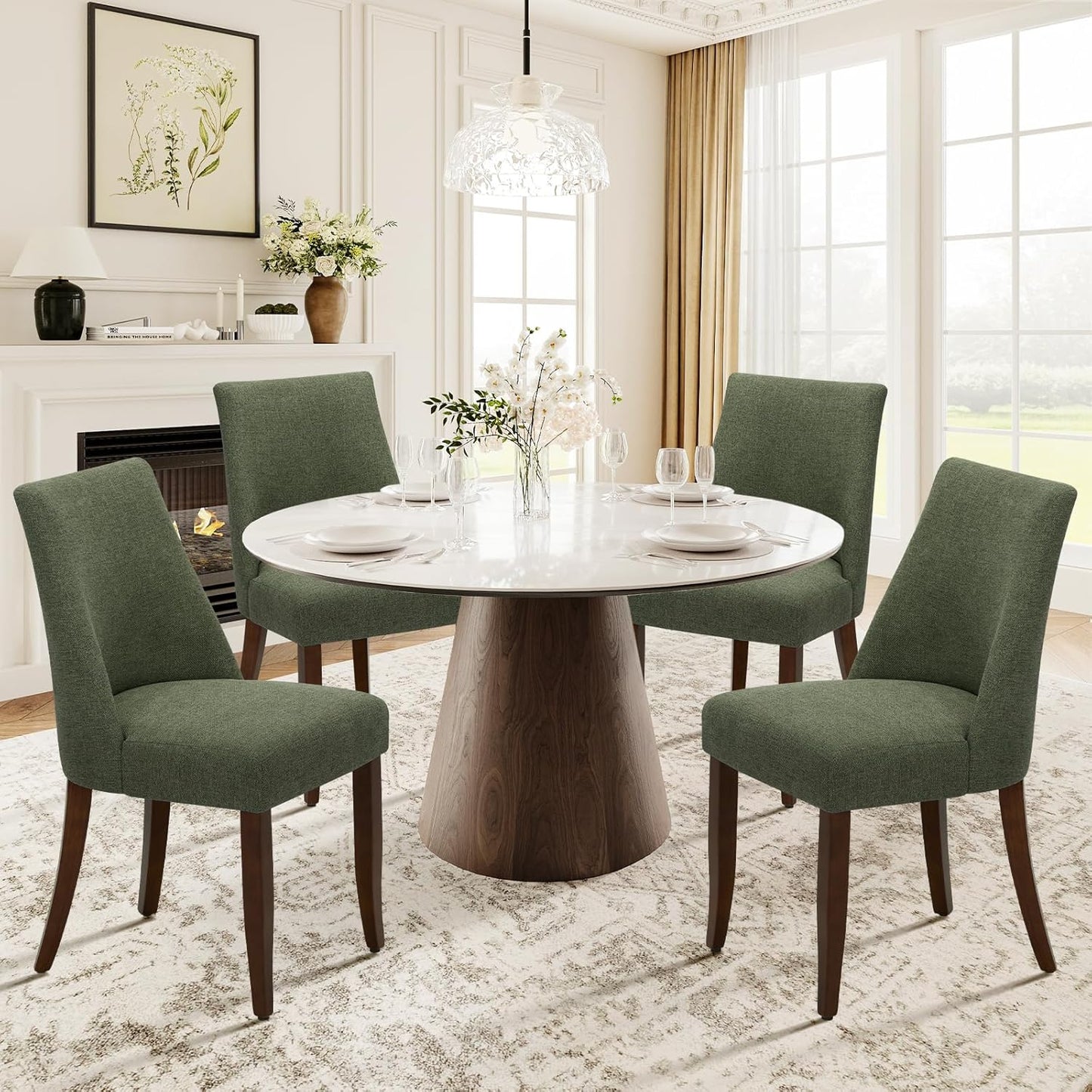 COLAMY Upholstered Dining Chairs Set of 4, Mid Century Modern Kitchen Chairs with Back, Farmhouse Fabric Side Dining Room Chairs with Wood Legs for Dining Room Restaurant, Green