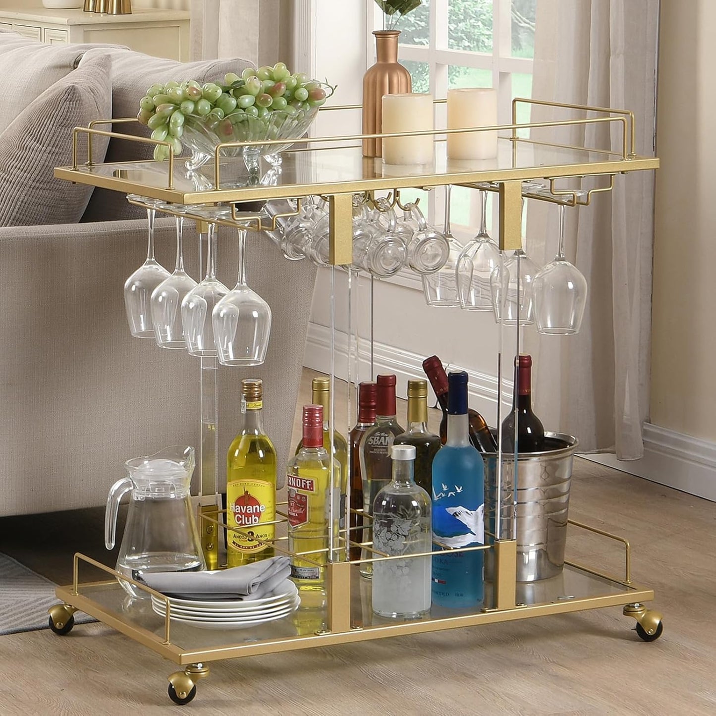 Bar Cart for Home Bar Chrome Serving Cart with Wine Rack 2-Tier Acrylic Rolling Bar Carts on Wheels Clear Dessert Cart Lucite Bar Stand Glass Liquor Cart for Living Room Kitchen Club Gold