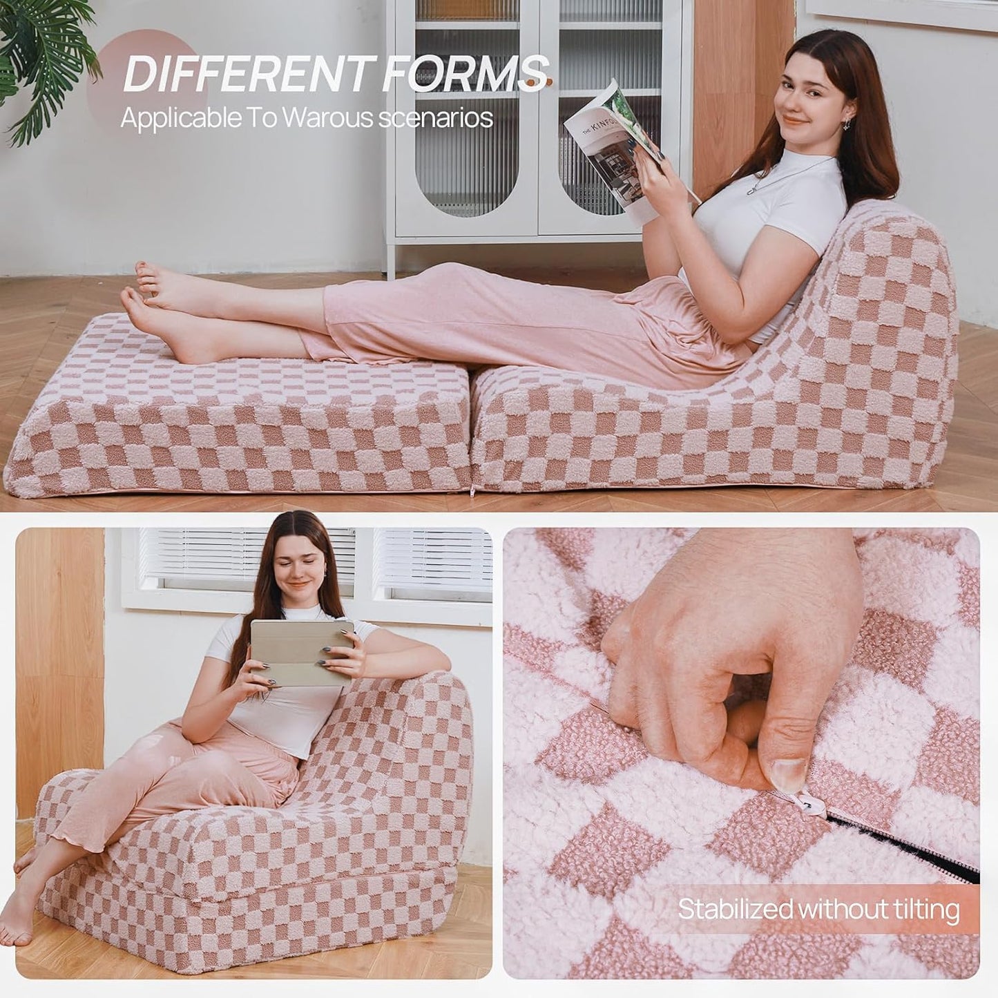 Bean Bag Chair with Checkerboard Shaker Fleece Fabric, Folding Sofa Bed, Floor Sleeper Lounge Chair, Lazy Sofa for Living Room, Bedroom, Apartments (Iceberry Pink)