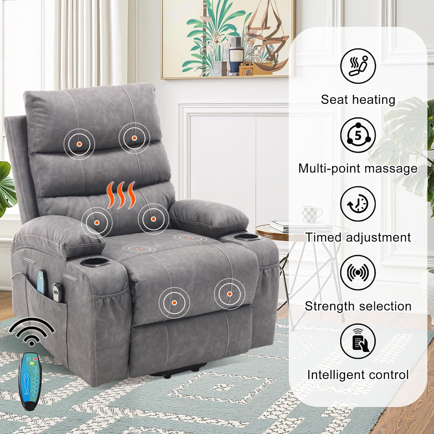 Recliner Chair Power Lift Massage Chair Full Body 21" Large Size Electric Recliner with 8 Point Vibration Massage and Lumber Heat, Remote Control, Side Pockets and Cup Holders, Grey