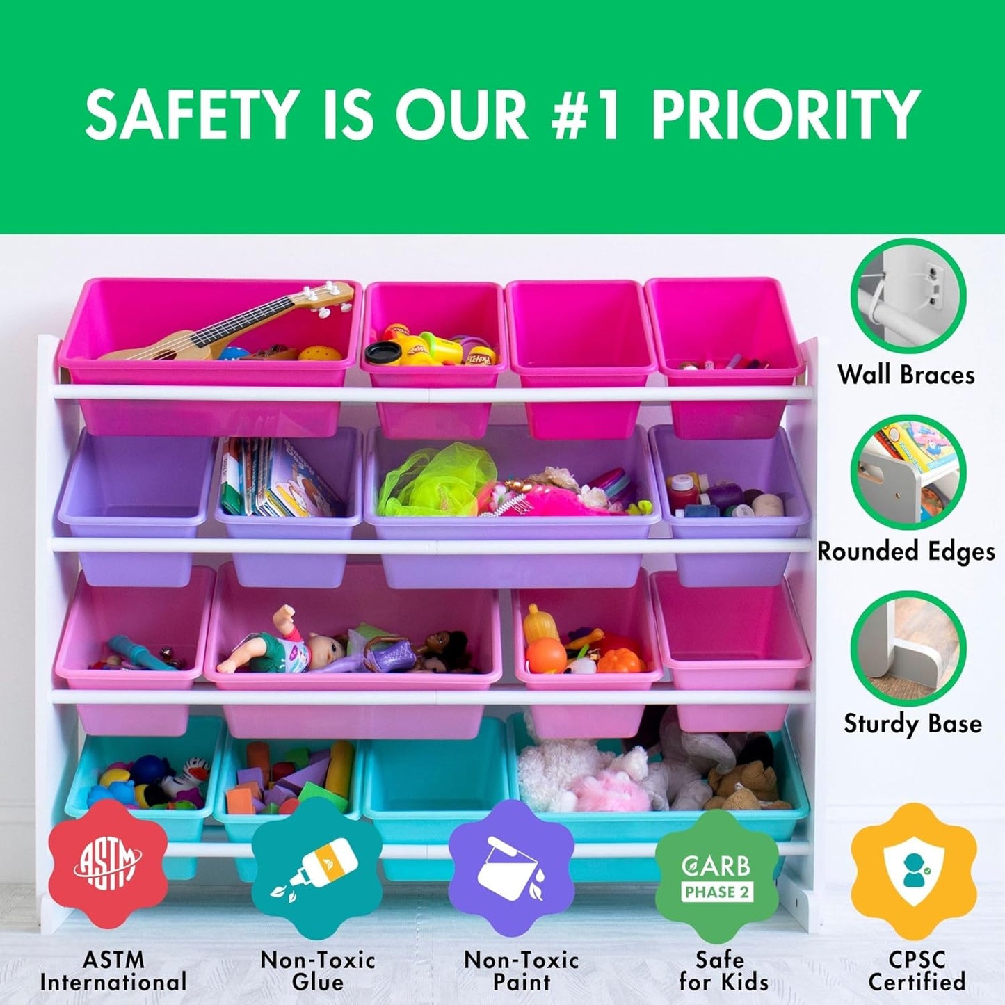 Humble Crew Supersized Toy Storage Organizer with 16 Removable Bins, White/Blue/Pink/Purple – Large Toy Storage for Toddlers Ideal for Kids' Rooms, Playrooms, and Nurseries - Modern Toy Bins for Kids