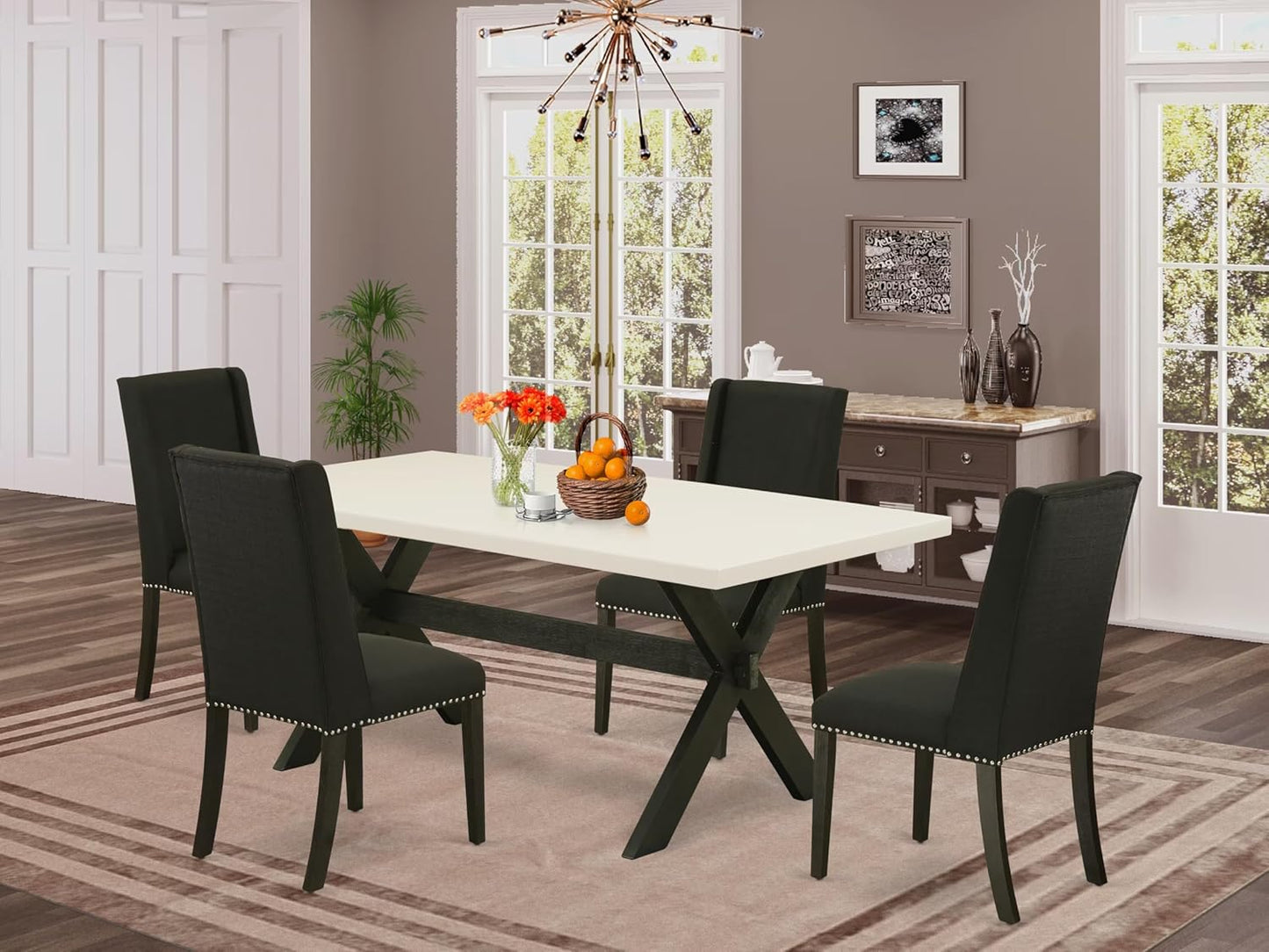 East West Furniture X627FL624-5 5 Piece Dining Set Includes a Rectangle Dining Room Table with X-Legs and 4 Black Linen Fabric Upholstered Parson Chairs, 40x72 Inch, Multi-Color
