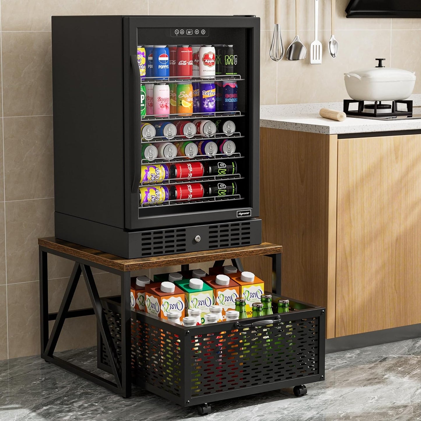 Urban Deco Mini Fridge Stand with Storage, Heavy Duty Fridge Cart with Drawer Basket, Mini Refrigerator Table for 220 LBS, Mobile Fridge Stand with Swivel Wheels for Dorm,Office,Home, Retro Brown