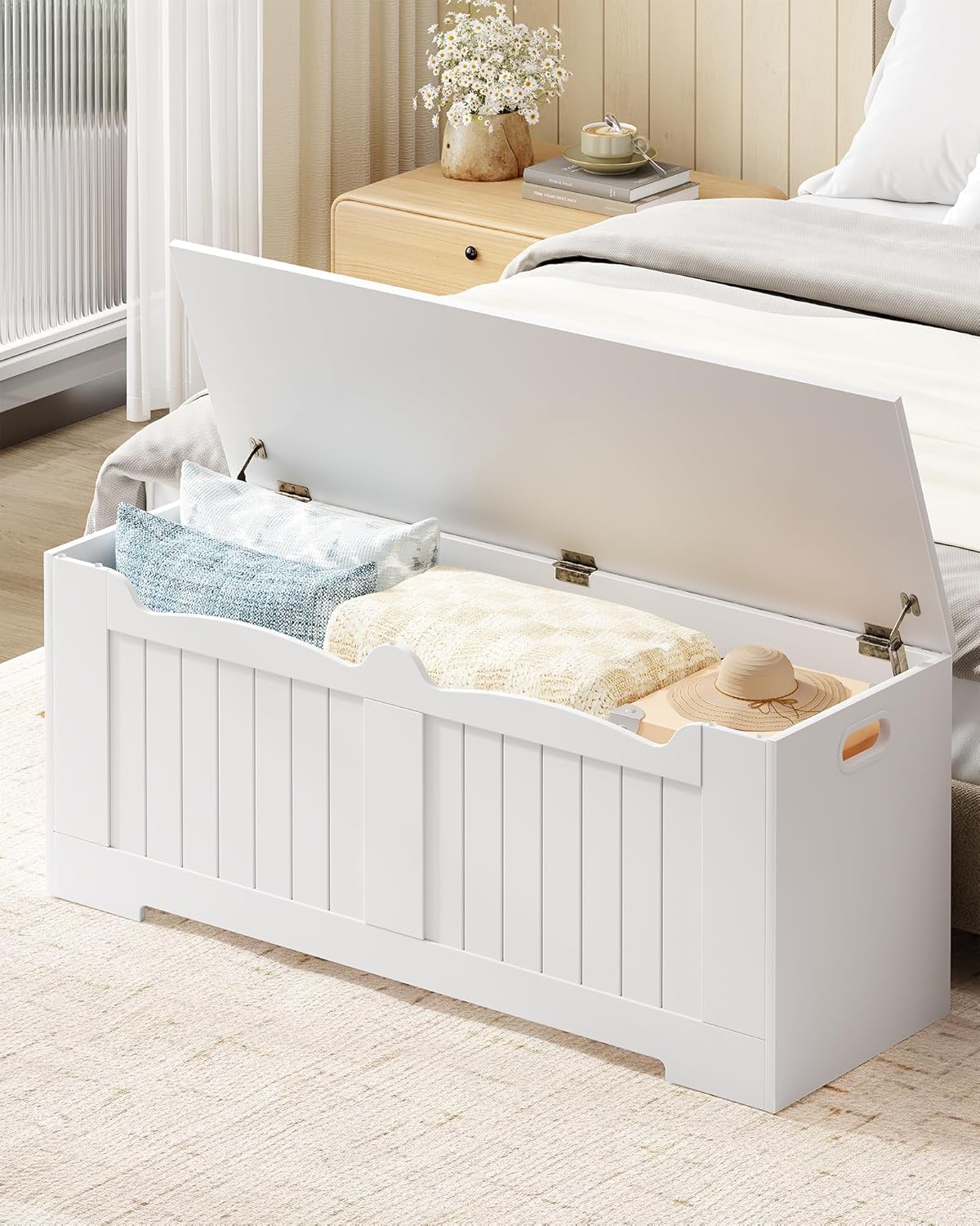 47.2" Storage Chest, Extra Large Storage Bench Trunk with 2 Safety Hinges, Wooden Box, Lift-Top Chest Organizer, Shoe Bench for Entryway, Bedroom, Living Room, White SB28603X