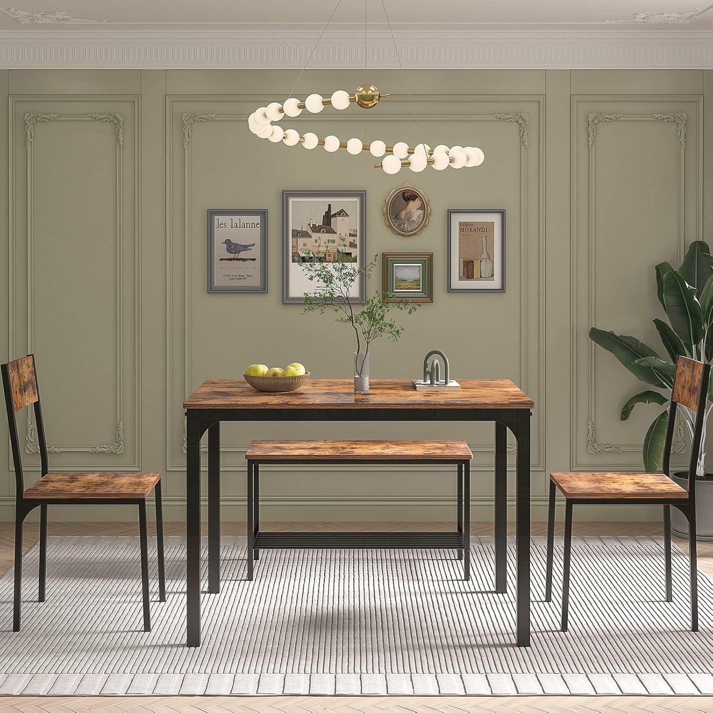 soges 4 Pieces Dining Table Set, 43.3 inch Kitchen Table Set for 4, Dining Set with 2 Chairs and Bench with Storage Rack, Nesting Furniture Set for Dining Room, Kitchen, Restaurant, Rustic Brown