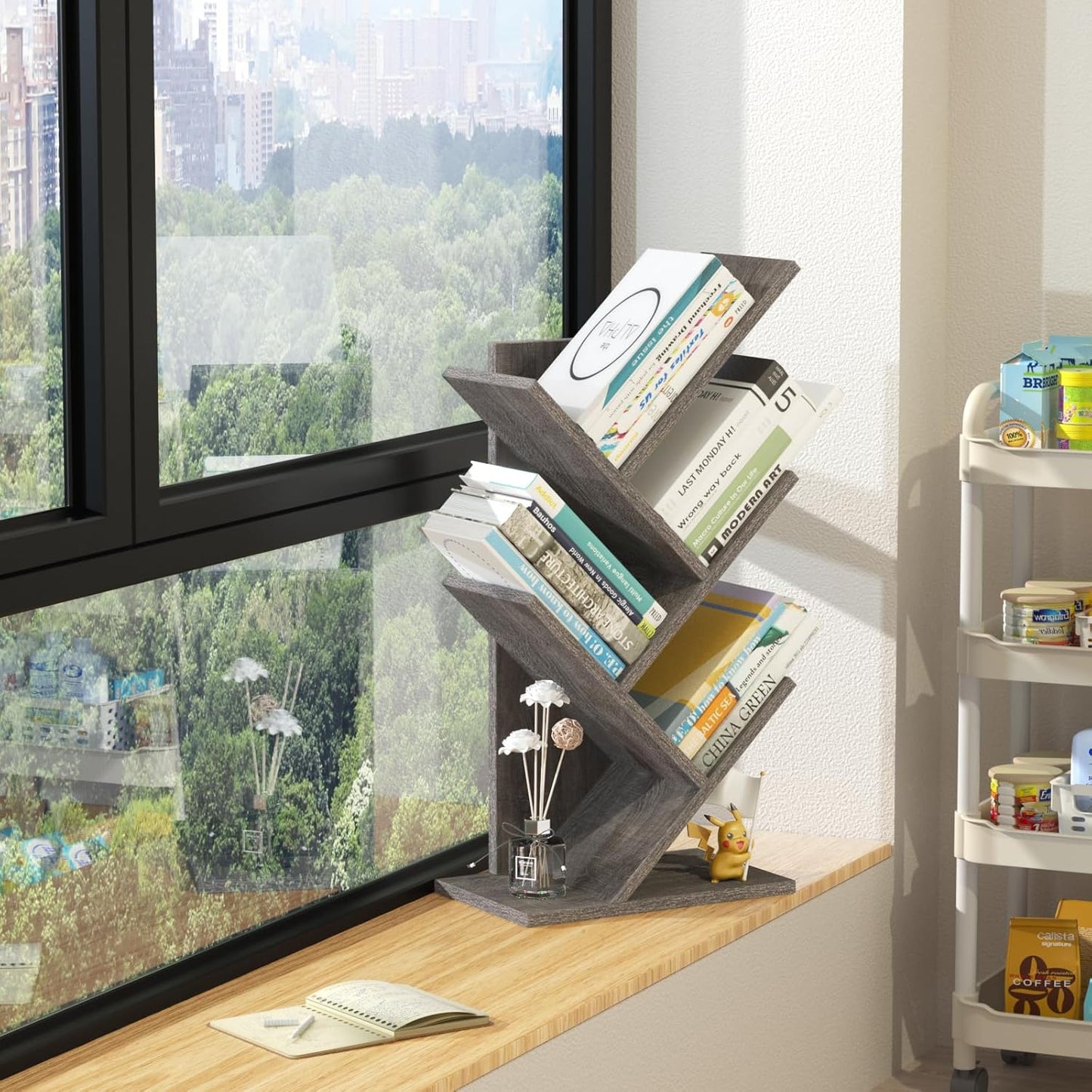 5 Tier Tree Book Shelf, Small Desktop Bookshelf with Storage Organizer, Wood Bookcase, Desk Display Bookshelves, Floor Standing Organizer Bookcases for Living Room,Bedroom,Office - Light Grey