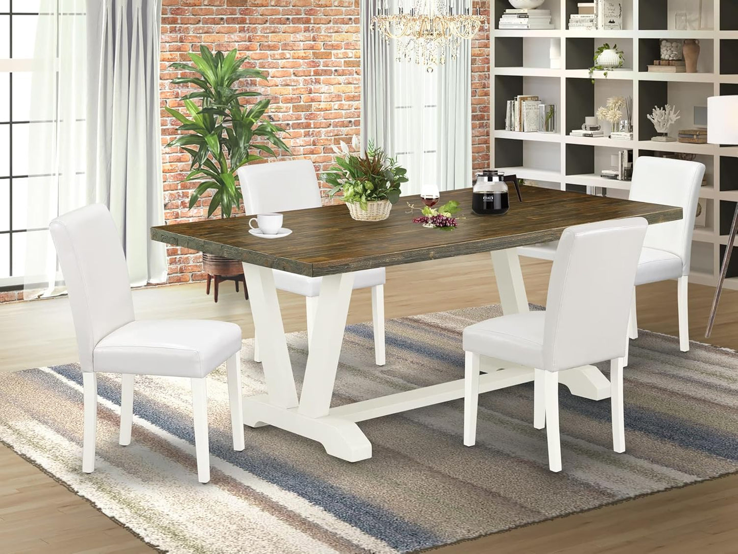 East West Furniture V077AB264-5 5 Piece Dinette Set for 4 Includes a Rectangle Dining Table with V-Legs and 4 White Faux Leather Parson Dining Room Chairs, 40x72 Inch, Multi-Color