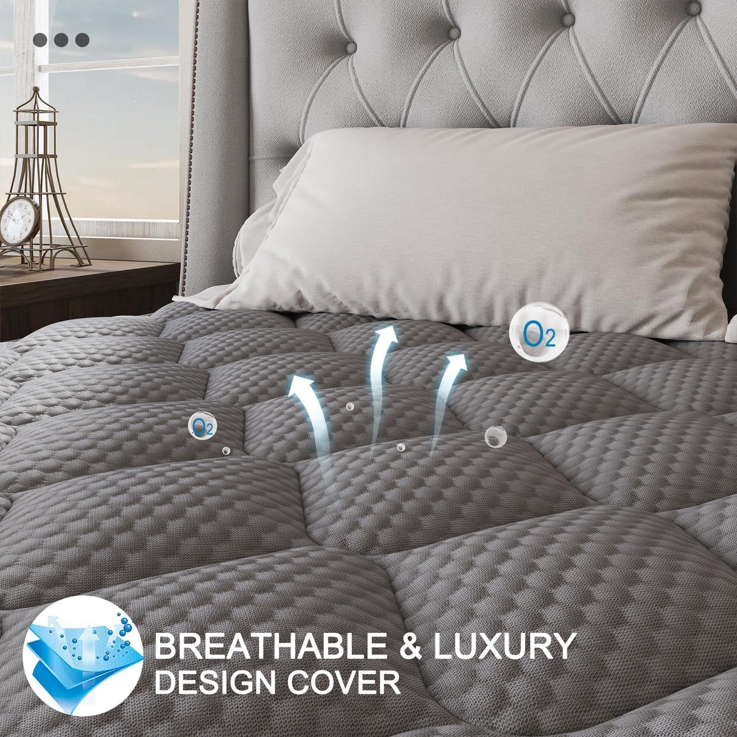 King Mattress, 12 Inch Hybrid Mattresses Grey Medium Firm Euro Top for Back & Lumbar Support, 100 Night Trial, Individual Pocket Spring for Motion Isolation & Pressure Relief