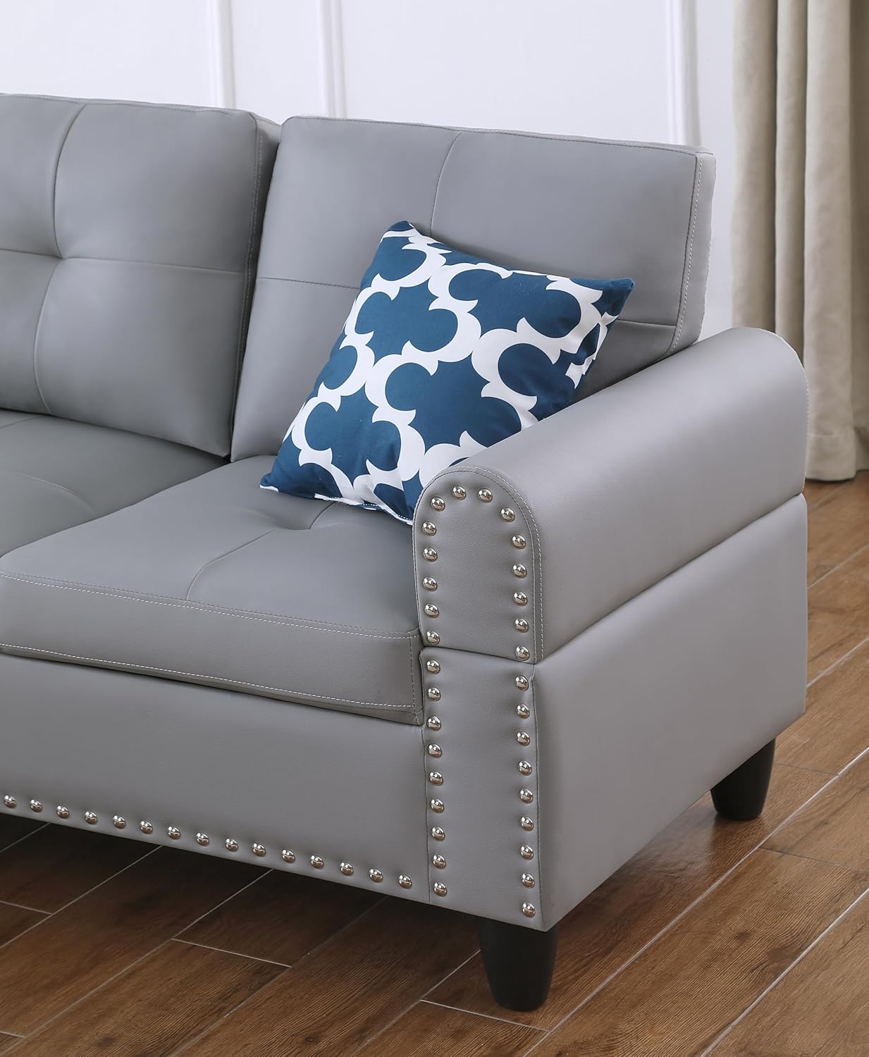 Ball & Cast 98" L Shaped Sectional Couch for Living Room,4 Seat Faux Leather Upholstered Modular Sectional Sofa Set 2 PCS with Chaise,Nailhead Trim,Cup Holders,Coffee Table and 2 Pillows for Home,Gray