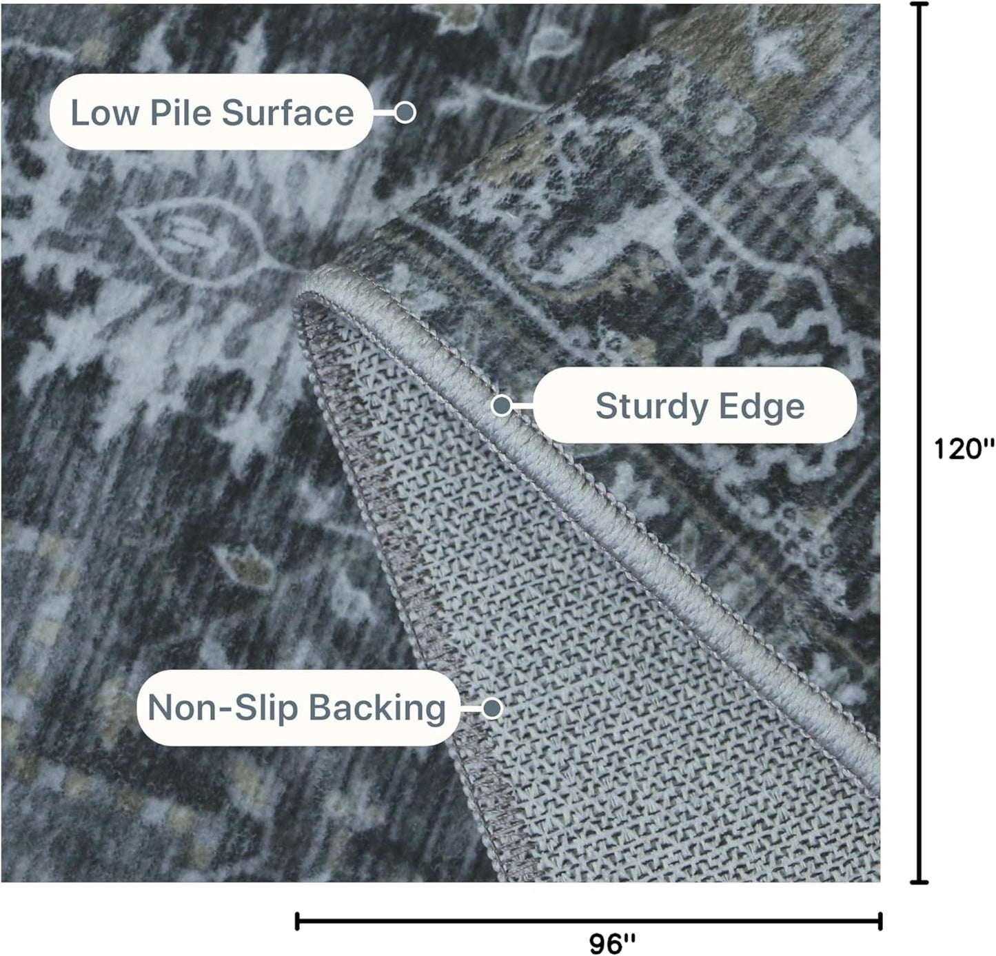 GENIMO 8x10 Area Rugs for Living Room, Machine Washable Non Slip Vintage Rugs, Low Pile Lightweight Chenille Print Rug for Bedroom, Dining Room, Home Office,Dark Gray