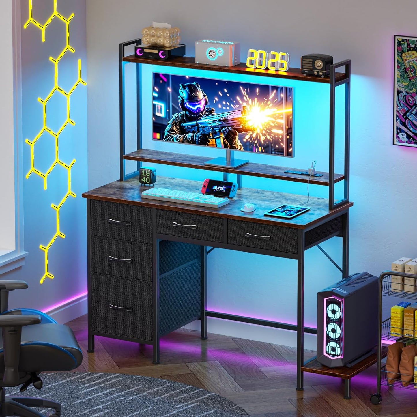 Computer Gaming Desk with Hutch, Home Office Desk with Power Outlets, LED Light, 5 Storage Drawers, 2 Tiers Shelves for Display, 39 Inch Modern Study Writing Table for Bedroom, Rustic Brown