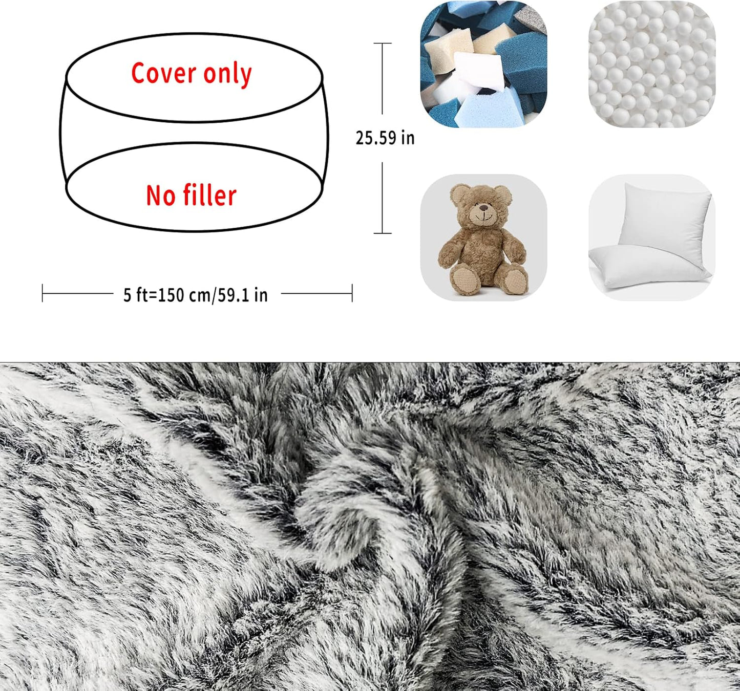 (No Filler) Bean Bag Chair Cover Without Filler,Big Round Soft Fluffy PV Velvet Washable Bean Bag Lazy Sofa Bed Cover for Adults,Living Room Bedroom Furniture Outside,5ft Dark Grey