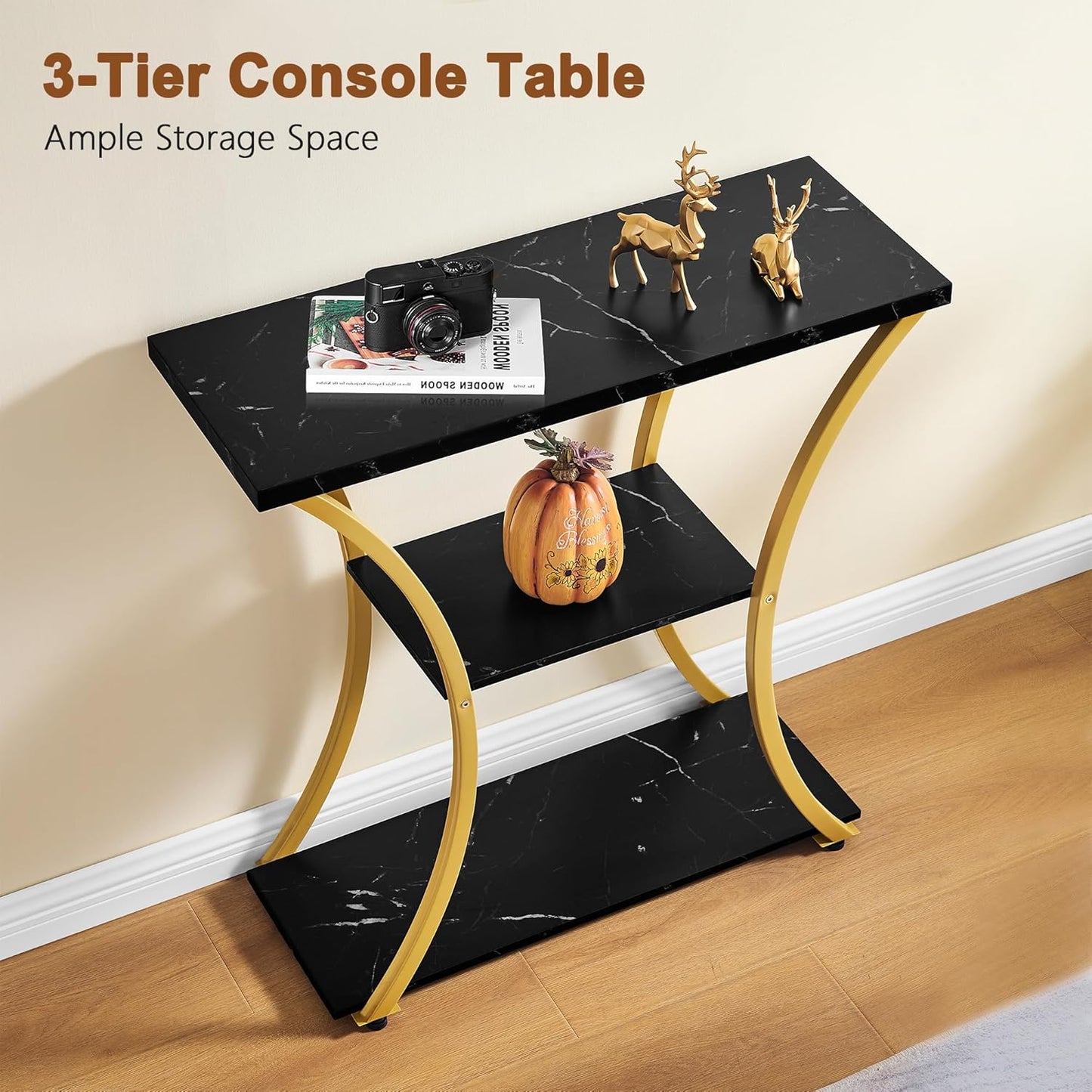 Hoctieon 3 Tier Console Table with Open Wood Shelves, Decorative Entryway Table with Curved Metal Frames, Narrow Sofa Table for Entrance, Living Room, Hallway, Gold and Black Marbled
