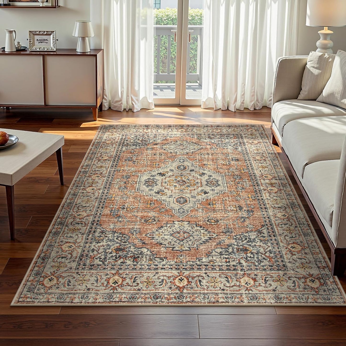 Lahome Oriental Washable Rugs for Living Room, 4x6 Bedroom Area Rug Ultra-Thin Soft Non Slip Stain Resistant Vintage Throw Carpet for ‎Office Dining Room, Peach/Orange