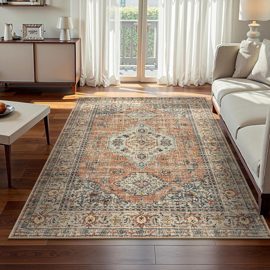 Lahome Oriental Washable Rugs 5x7, Soft 5x7 Rug for Bedroom Living Room, Ultra-Thin Non Slip Stain Resistant Vintage Throw Carpet for ‎Dining Room Office, Peach/Orange