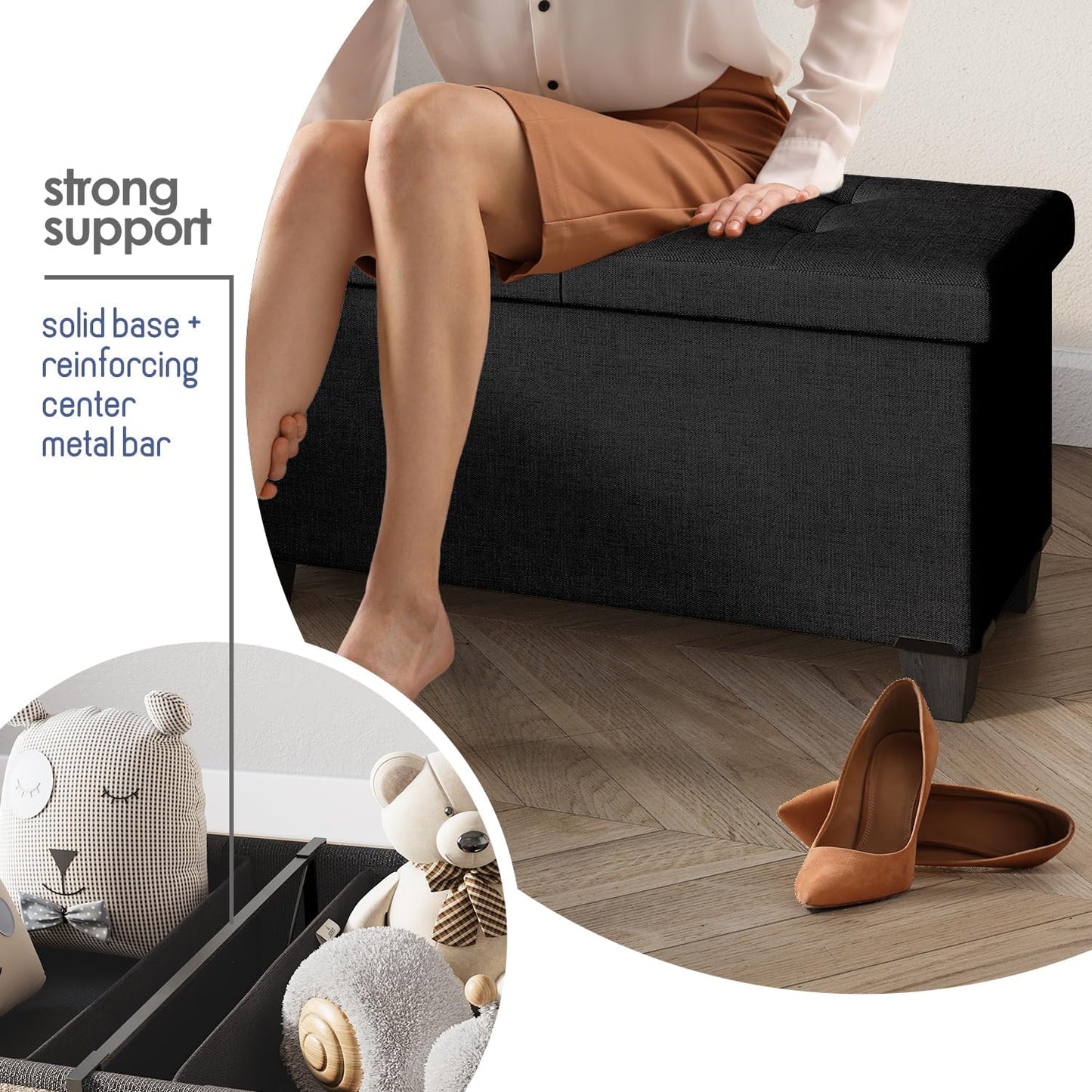 STORAGEBUD Storage Ottoman Bench with Bins, 43-in Storage Bench for Bedroom End of Bed, Folding Foot Rest Ottoman for Living Room Max 660lbs, Fabric Ottomans, Black