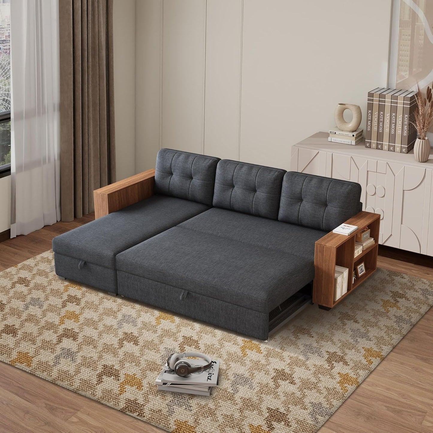 Ball & Cast 84" Sectional Sleeper Sofa with Storage Chaise,L Shaped Pull Out Couch Bed with Wooden Armrests and 3 Removable Back Cushion for Living Room,Apartment,Office,Dark Grey