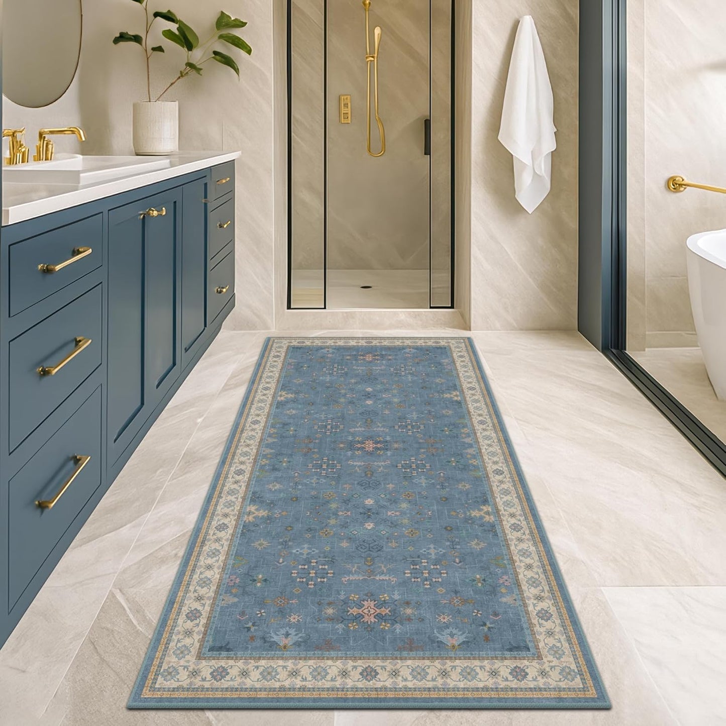 Boho 2x6 Non Slip Kitchen Rug Runner - Light Blue Washable Rug for Bathroom, Laundry Room, Hallway, Non Slip with Rubber Backing, Floral Eclectic Unique Runner Décor