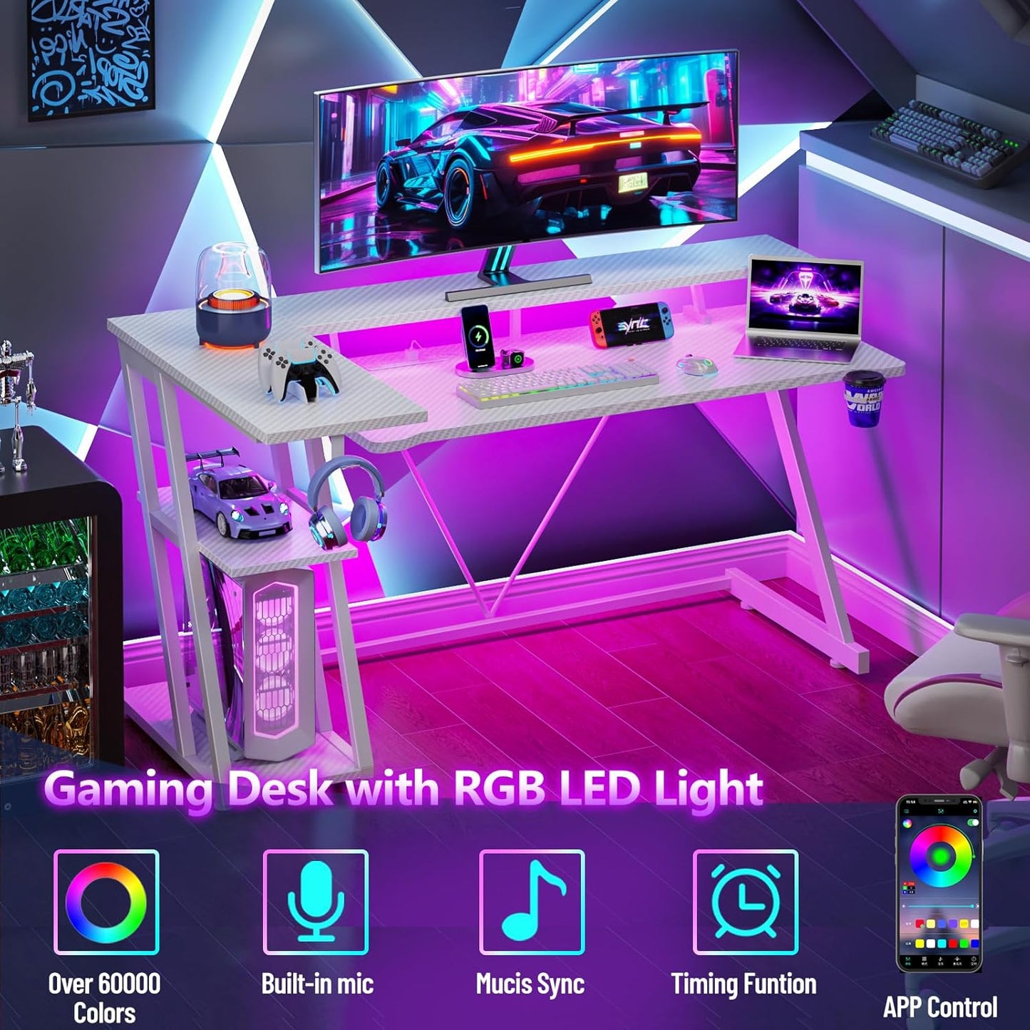 55 Inch White Gaming Desk with Power Outlet & LED Lights, L Shaped Computer Desk Gaming with 3 Tiers Storage Shelves, Reversible Corner Desk with Monitor Stand for Bedroom