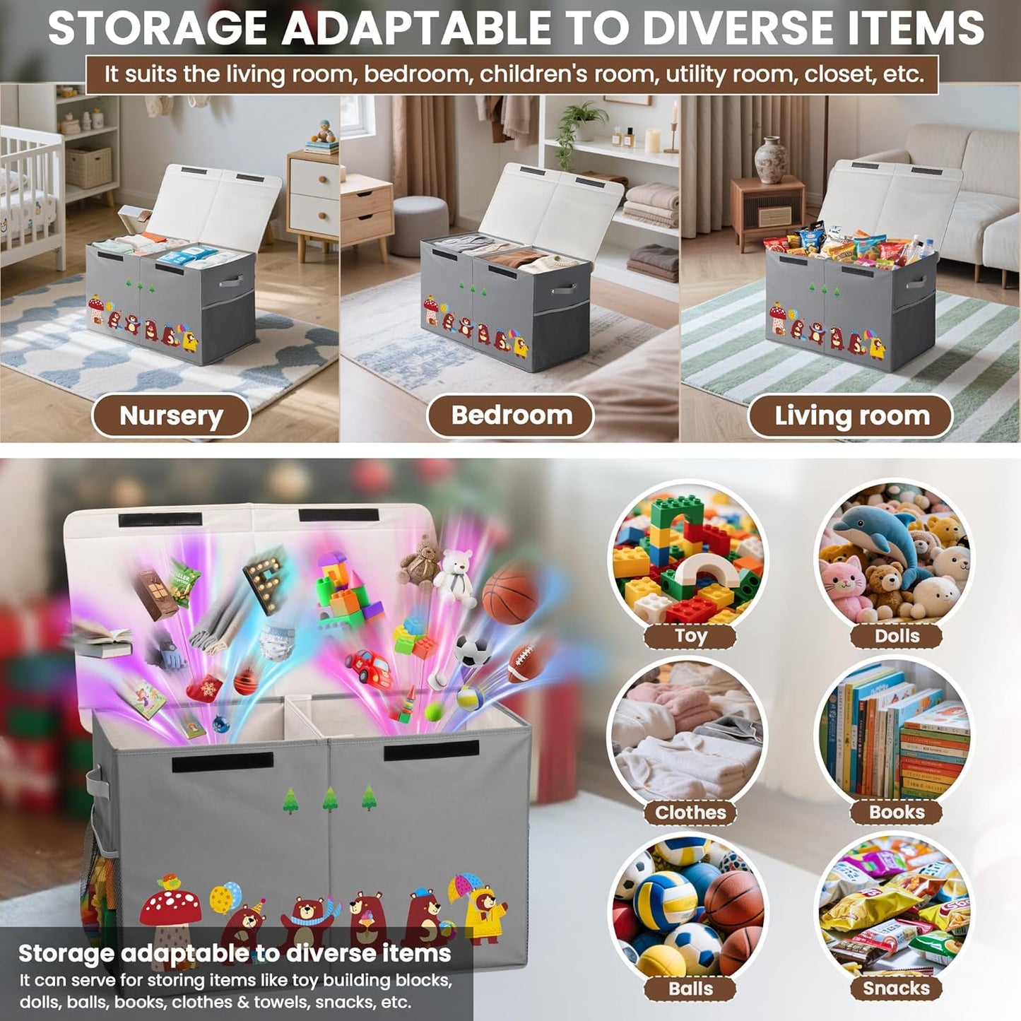 80L Large Toy Storage Box with Lid, Large Toy Box Chest for Kids, Girls and Boys, Nursery Room and Living Room, 26"x13" x16" (grey-bear)