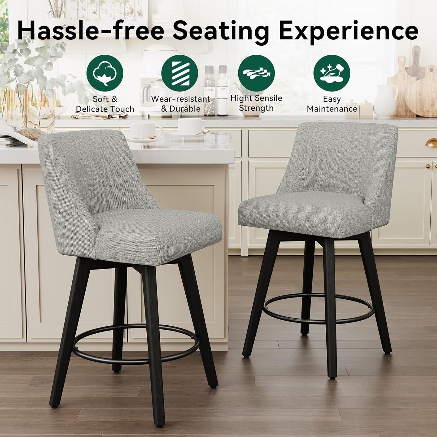 Vipbear Swivel Counter Height Bar Stools Set of 4,26.8" H Counter Stools with Back, Mid Century Modern Bar Stools for Kitchen Island,Linen Fabric,Wooden Base, Light Gray